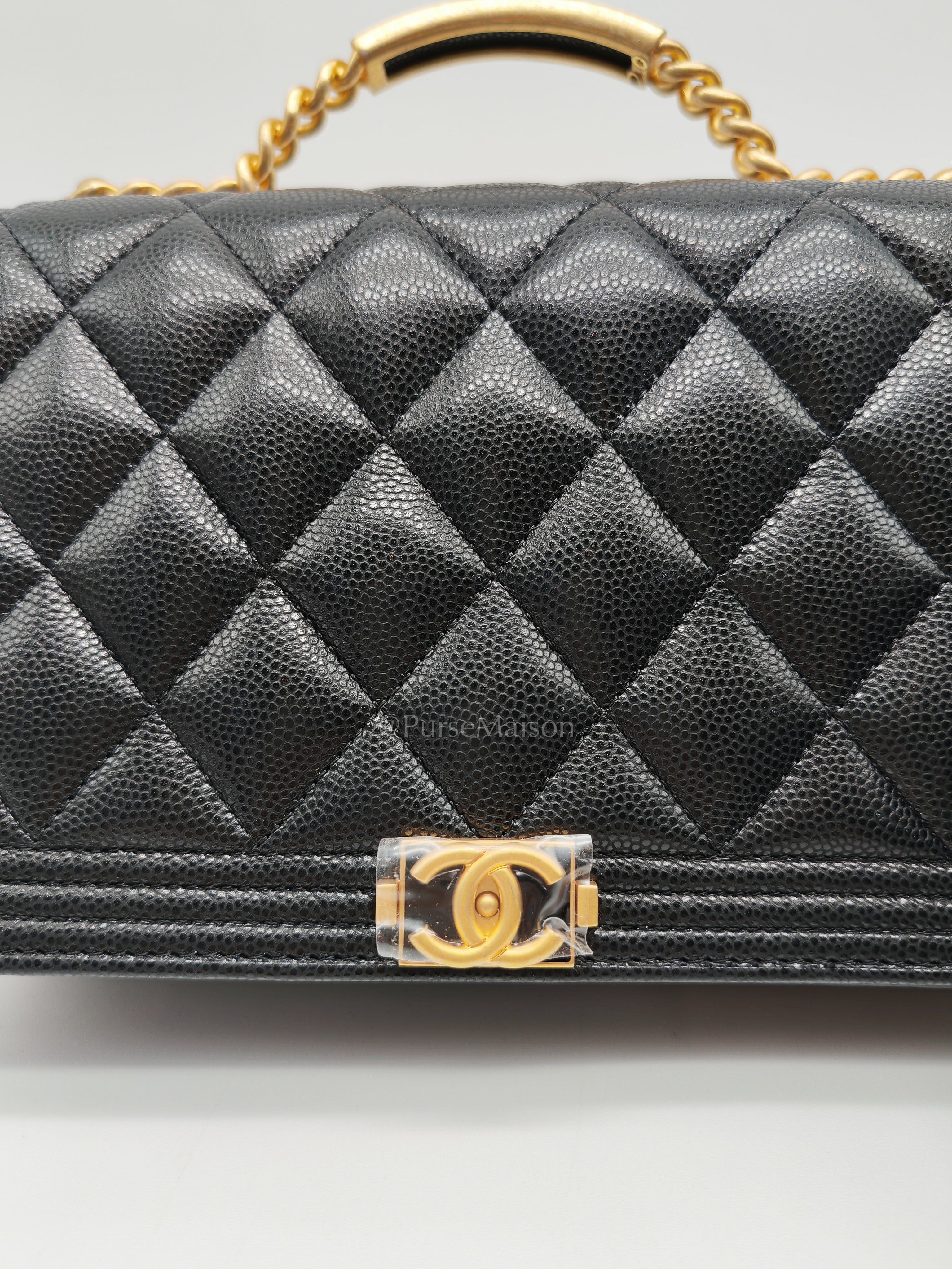 Boy Wallet On Chain (WOC) with Top Handle in Black Caviar Leather and Aged Gold Hardware (Microchip) | Purse Maison Luxury Bags Shop