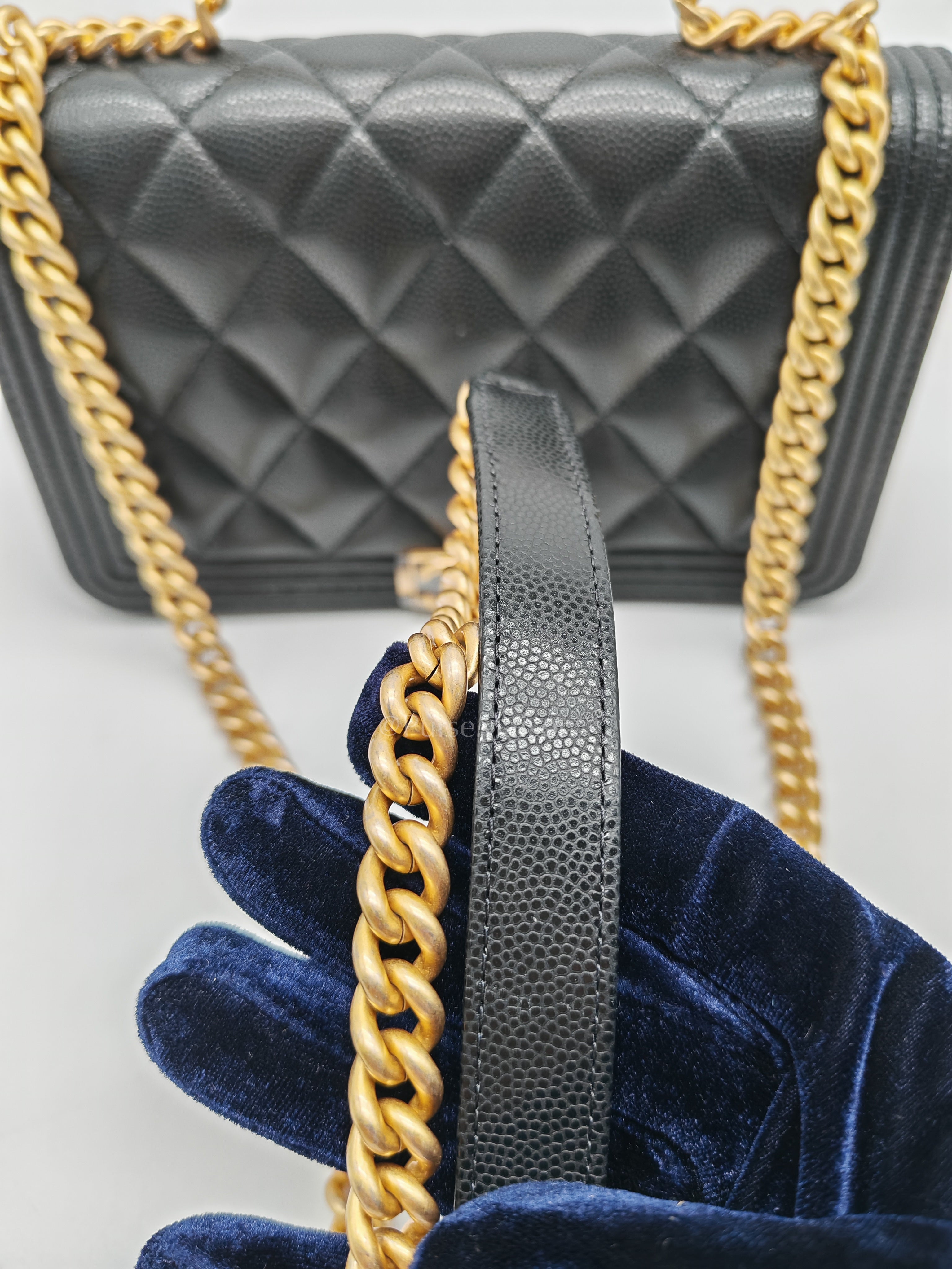 Boy Wallet On Chain (WOC) with Top Handle in Black Caviar Leather and Aged Gold Hardware (Microchip) | Purse Maison Luxury Bags Shop