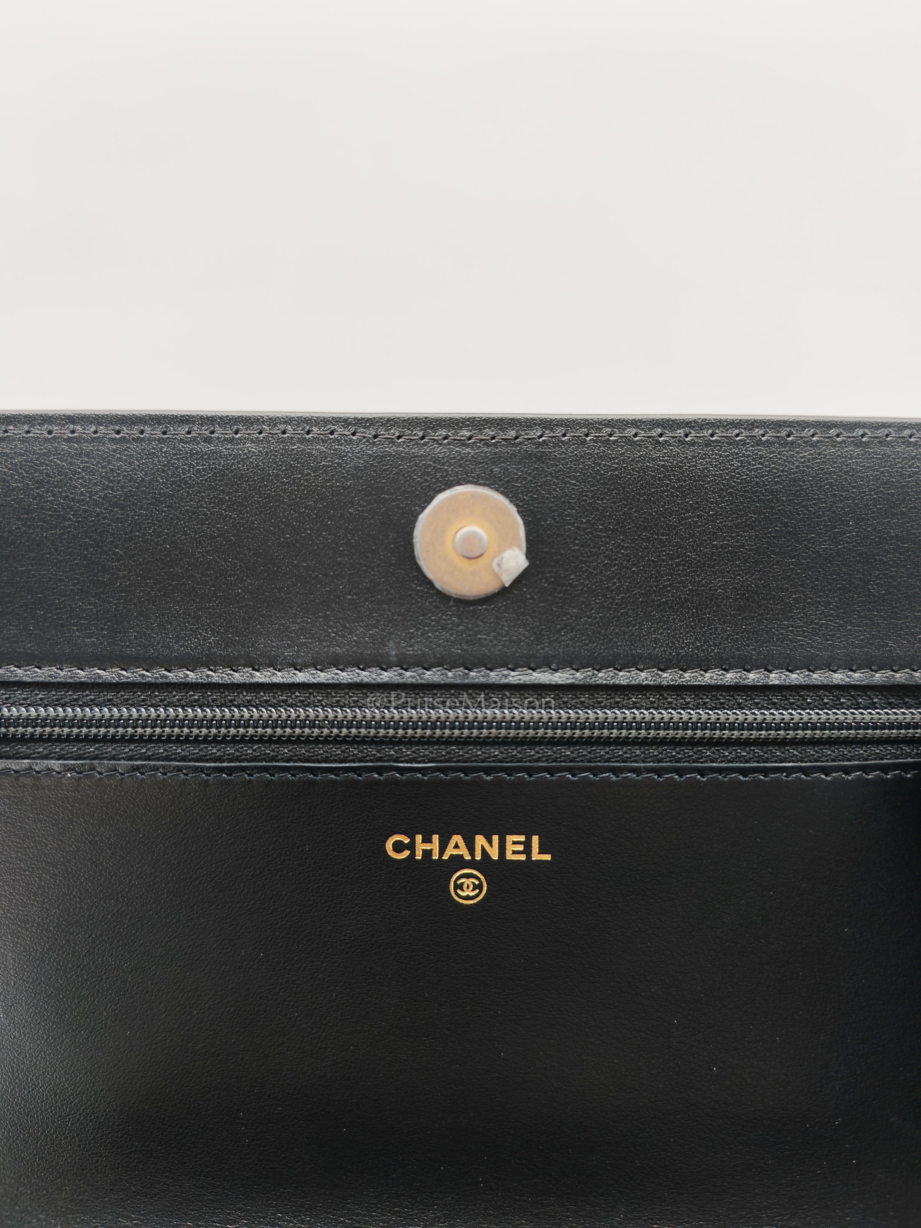 Boy Wallet On Chain (WOC) with Top Handle in Black Caviar Leather and Aged Gold Hardware (Microchip) | Purse Maison Luxury Bags Shop