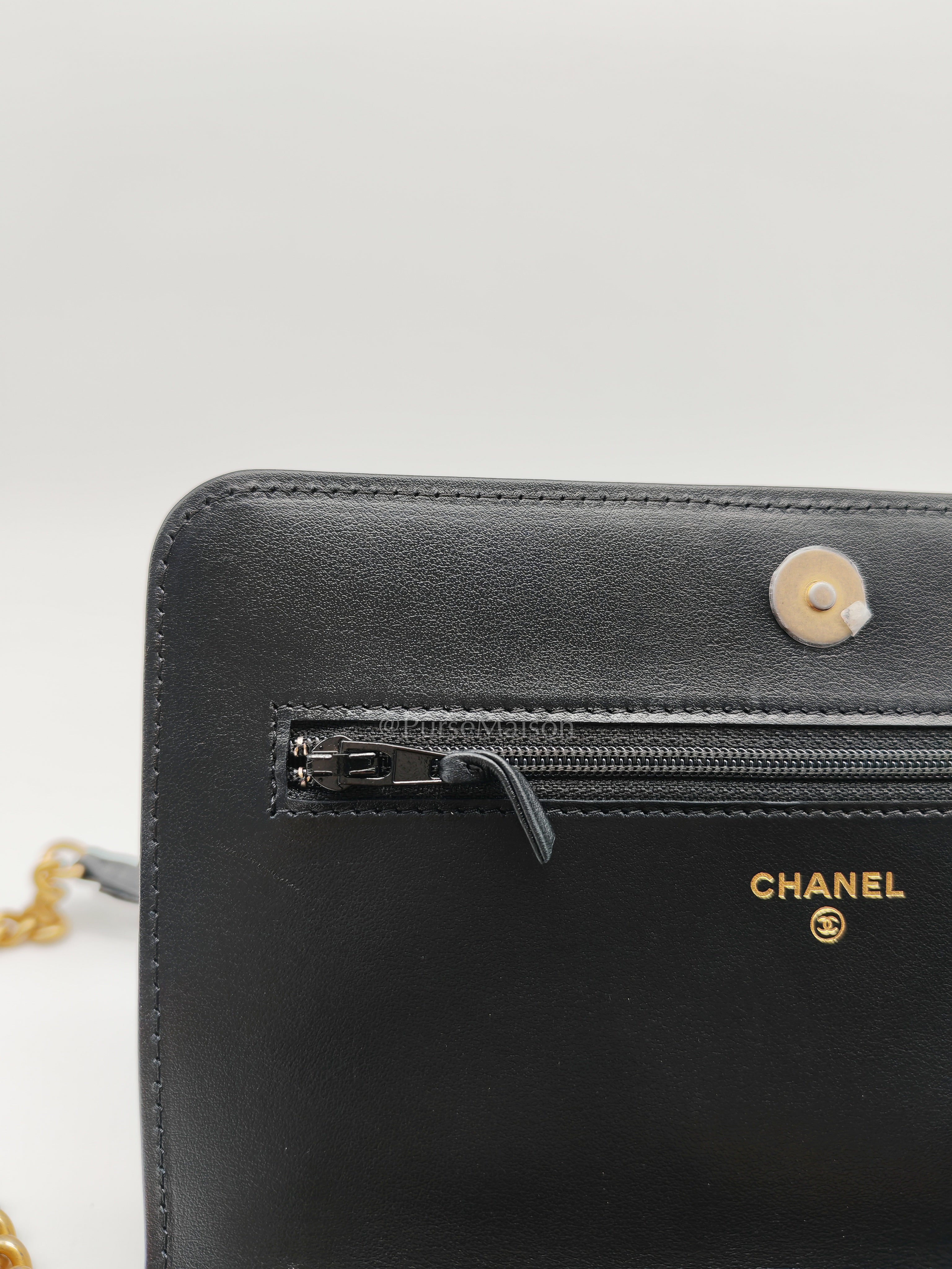 Boy Wallet On Chain (WOC) with Top Handle in Black Caviar Leather and Aged Gold Hardware (Microchip) | Purse Maison Luxury Bags Shop