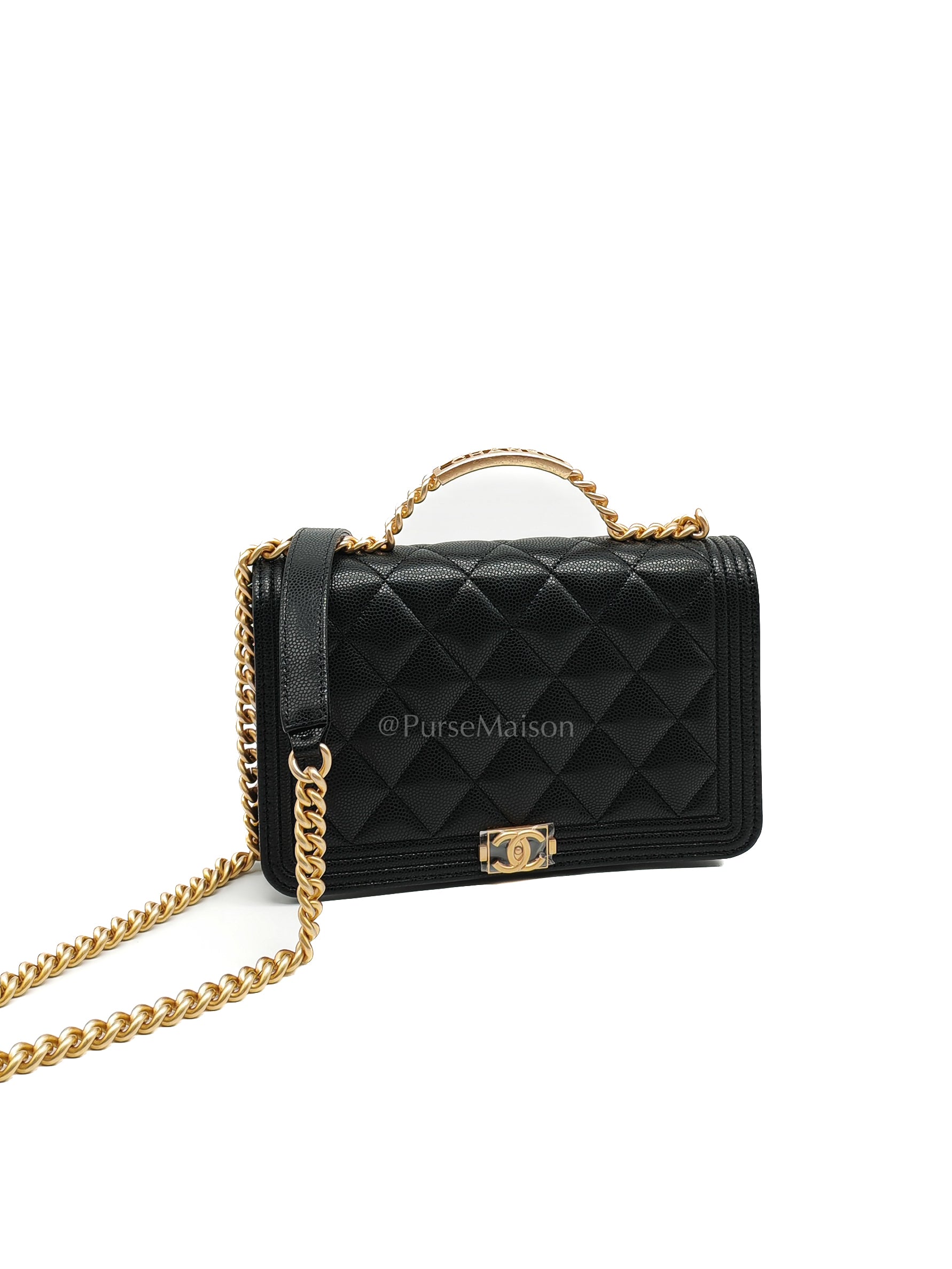 Boy Wallet On Chain (WOC) with Top Handle in Black Caviar Leather and Aged Gold Hardware (Microchip) | Purse Maison Luxury Bags Shop