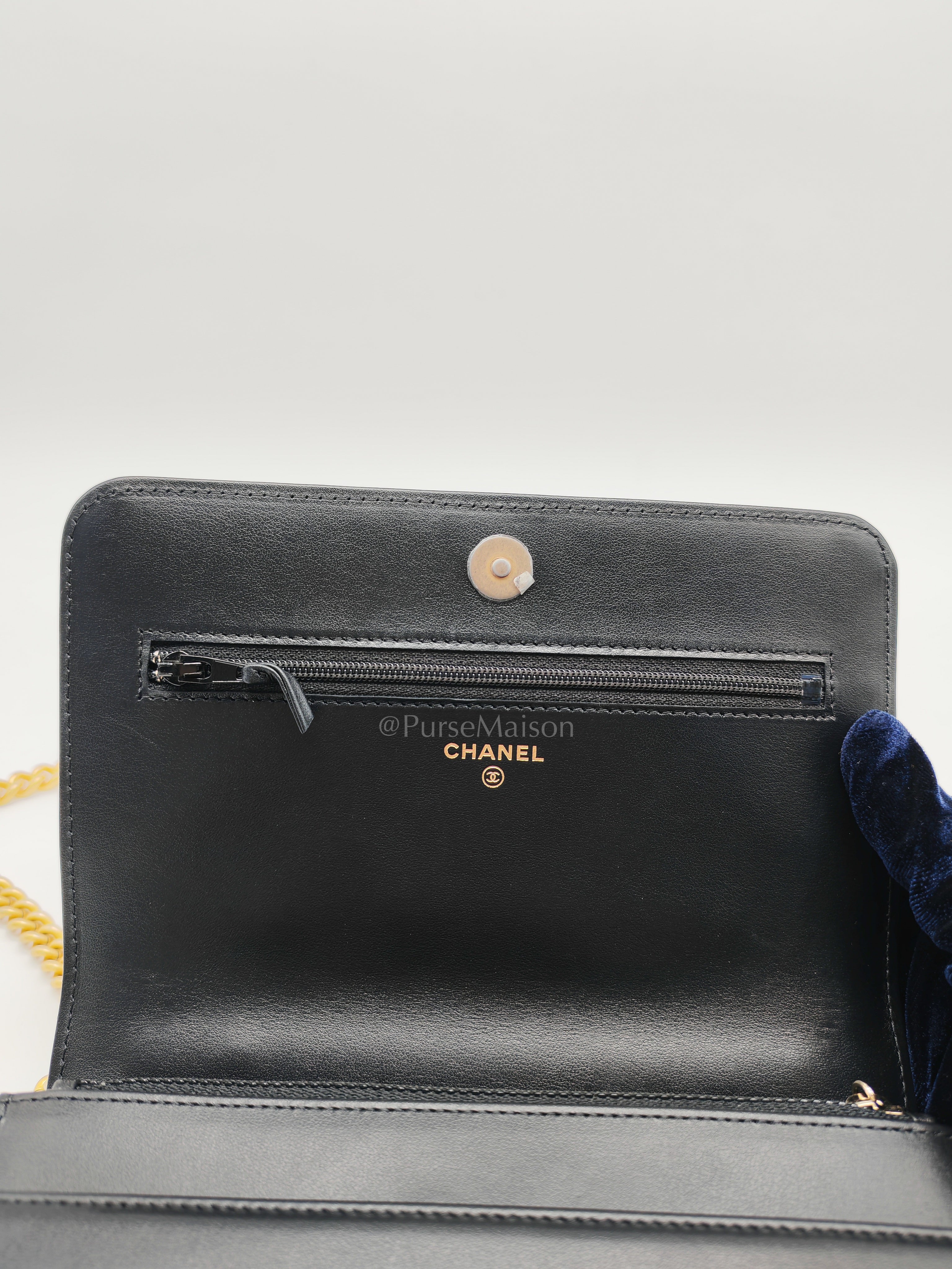 Boy Wallet On Chain (WOC) with Top Handle in Black Caviar Leather and Aged Gold Hardware (Microchip) | Purse Maison Luxury Bags Shop