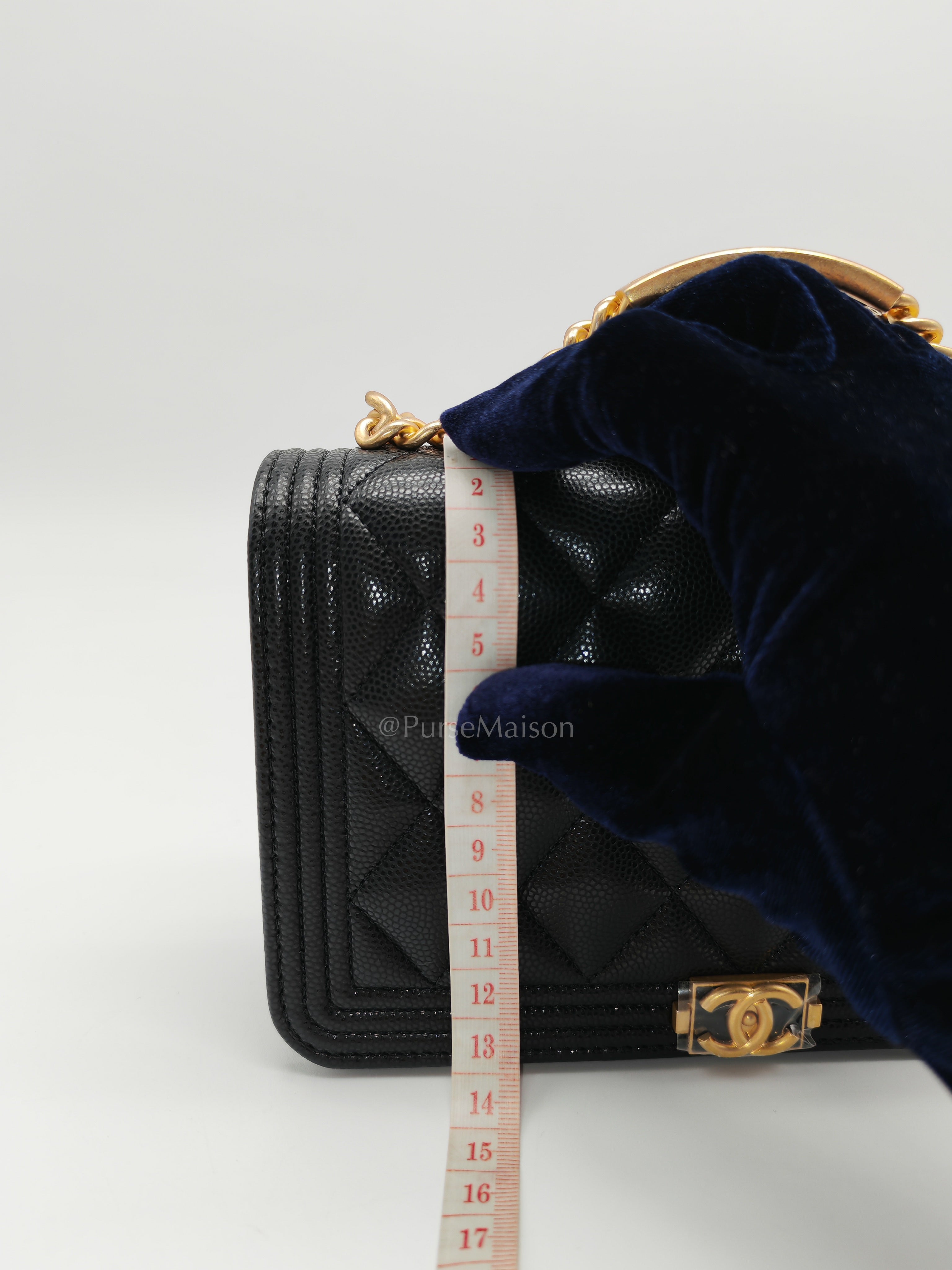 Boy Wallet On Chain (WOC) with Top Handle in Black Caviar Leather and Aged Gold Hardware (Microchip) | Purse Maison Luxury Bags Shop