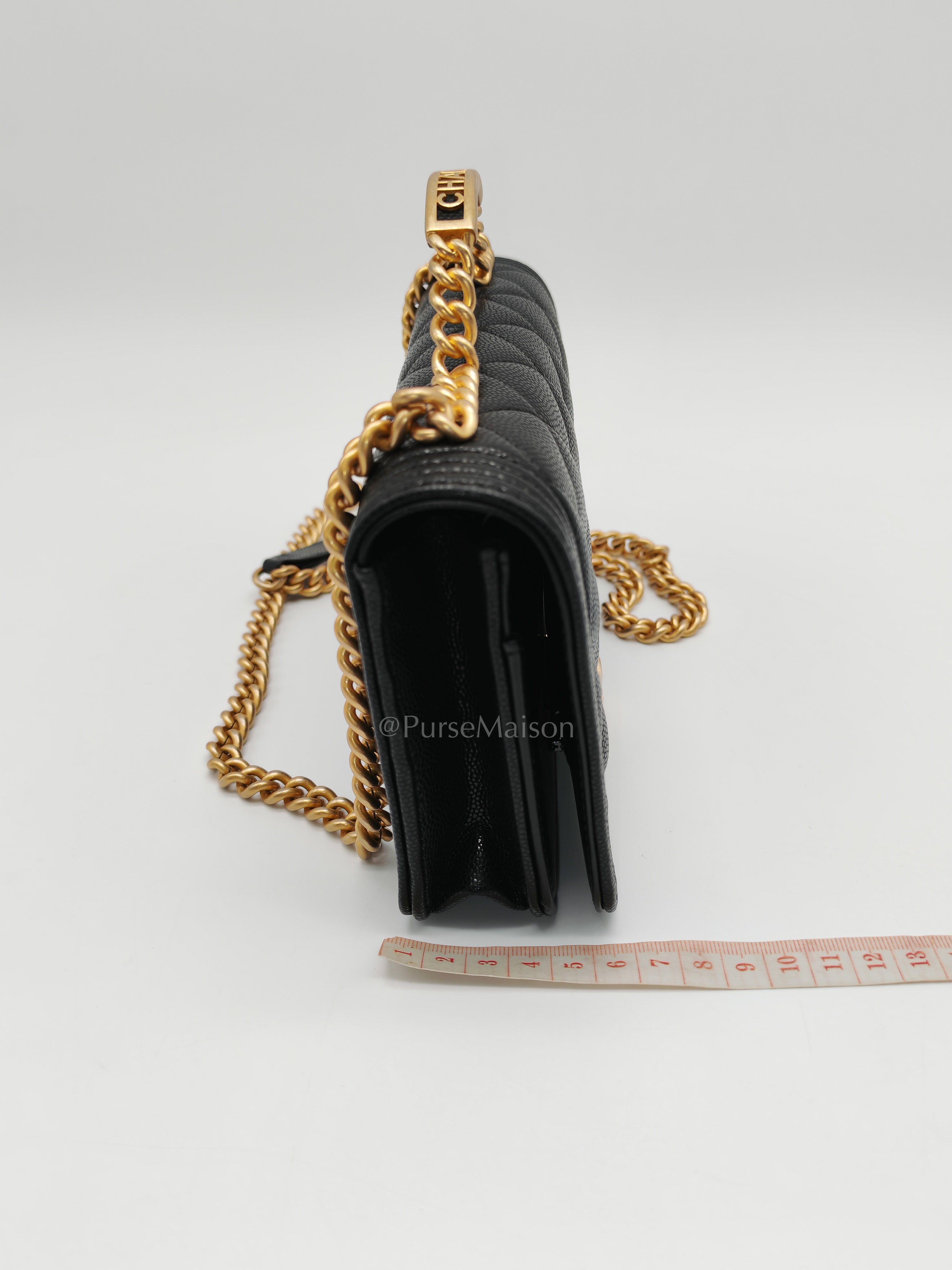 Boy Wallet On Chain (WOC) with Top Handle in Black Caviar Leather and Aged Gold Hardware (Microchip) | Purse Maison Luxury Bags Shop