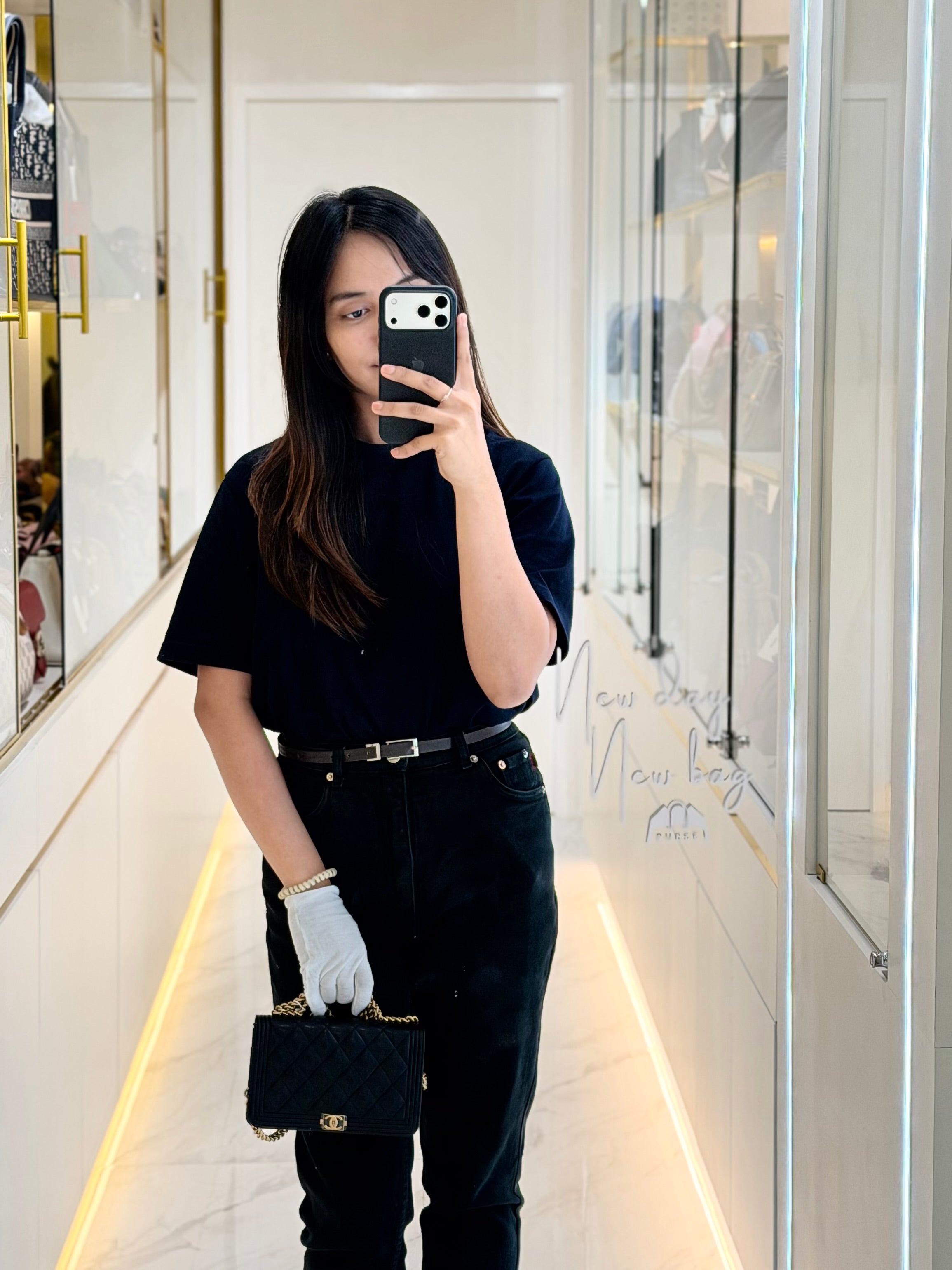 Boy Wallet On Chain (WOC) with Top Handle in Black Caviar Leather and Aged Gold Hardware (Microchip) | Purse Maison Luxury Bags Shop