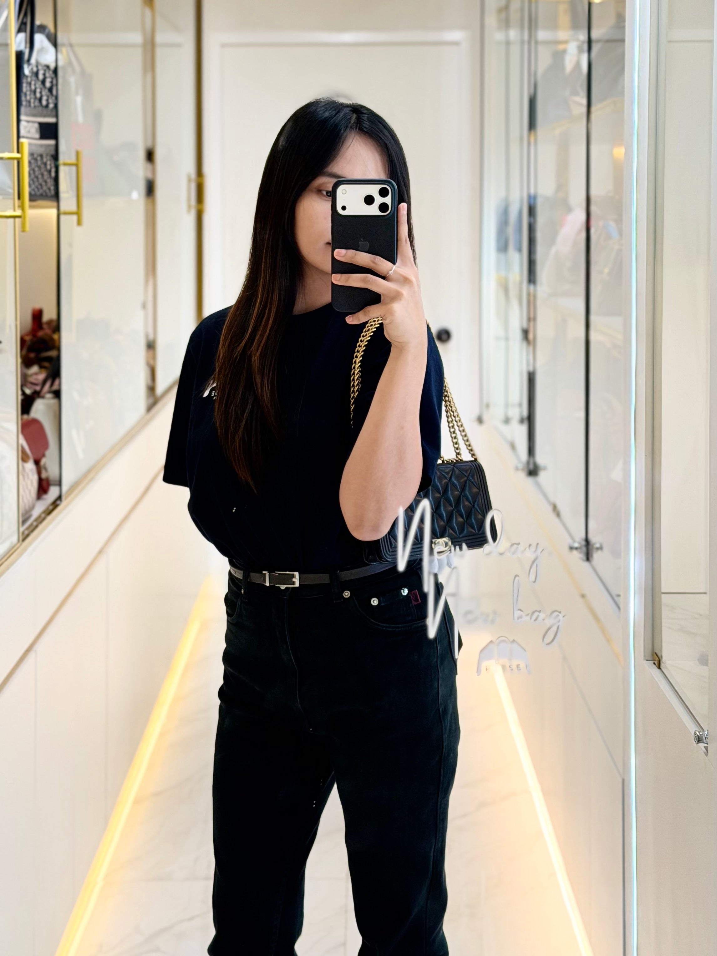 Boy Wallet On Chain (WOC) with Top Handle in Black Caviar Leather and Aged Gold Hardware (Microchip) | Purse Maison Luxury Bags Shop