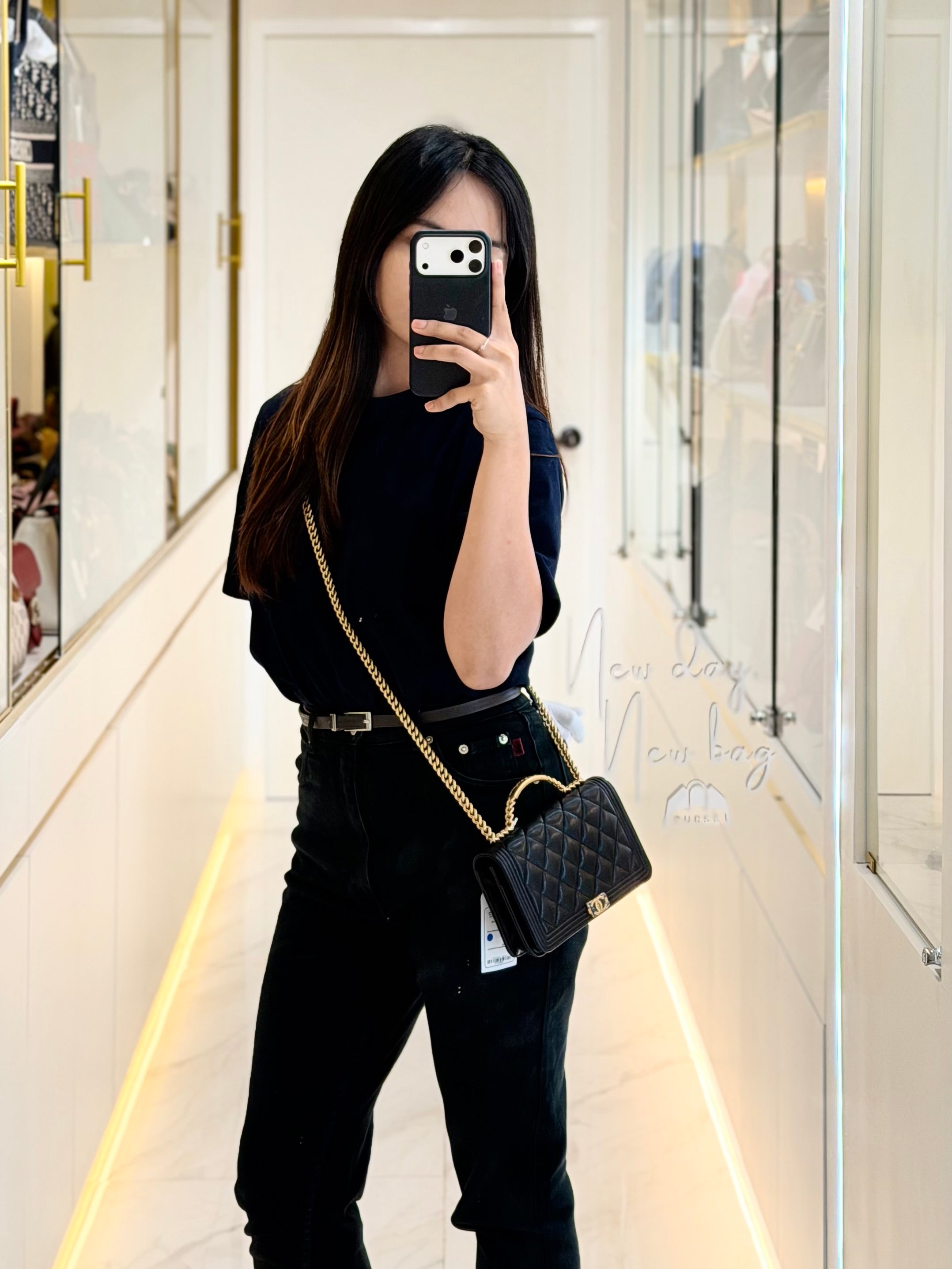 Boy Wallet On Chain (WOC) with Top Handle in Black Caviar Leather and Aged Gold Hardware (Microchip) | Purse Maison Luxury Bags Shop