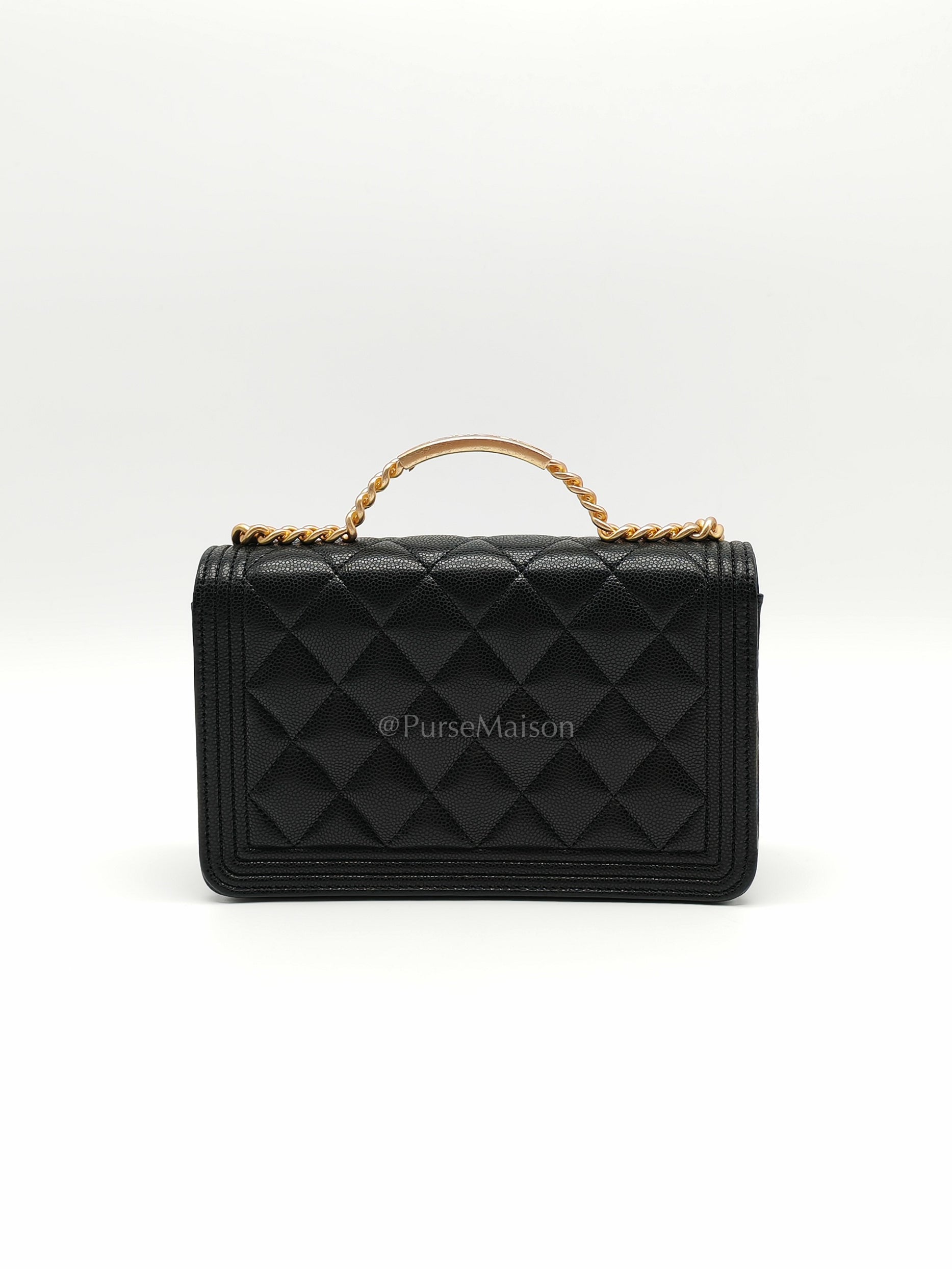 Boy Wallet On Chain (WOC) with Top Handle in Black Caviar Leather and Aged Gold Hardware (Microchip) | Purse Maison Luxury Bags Shop