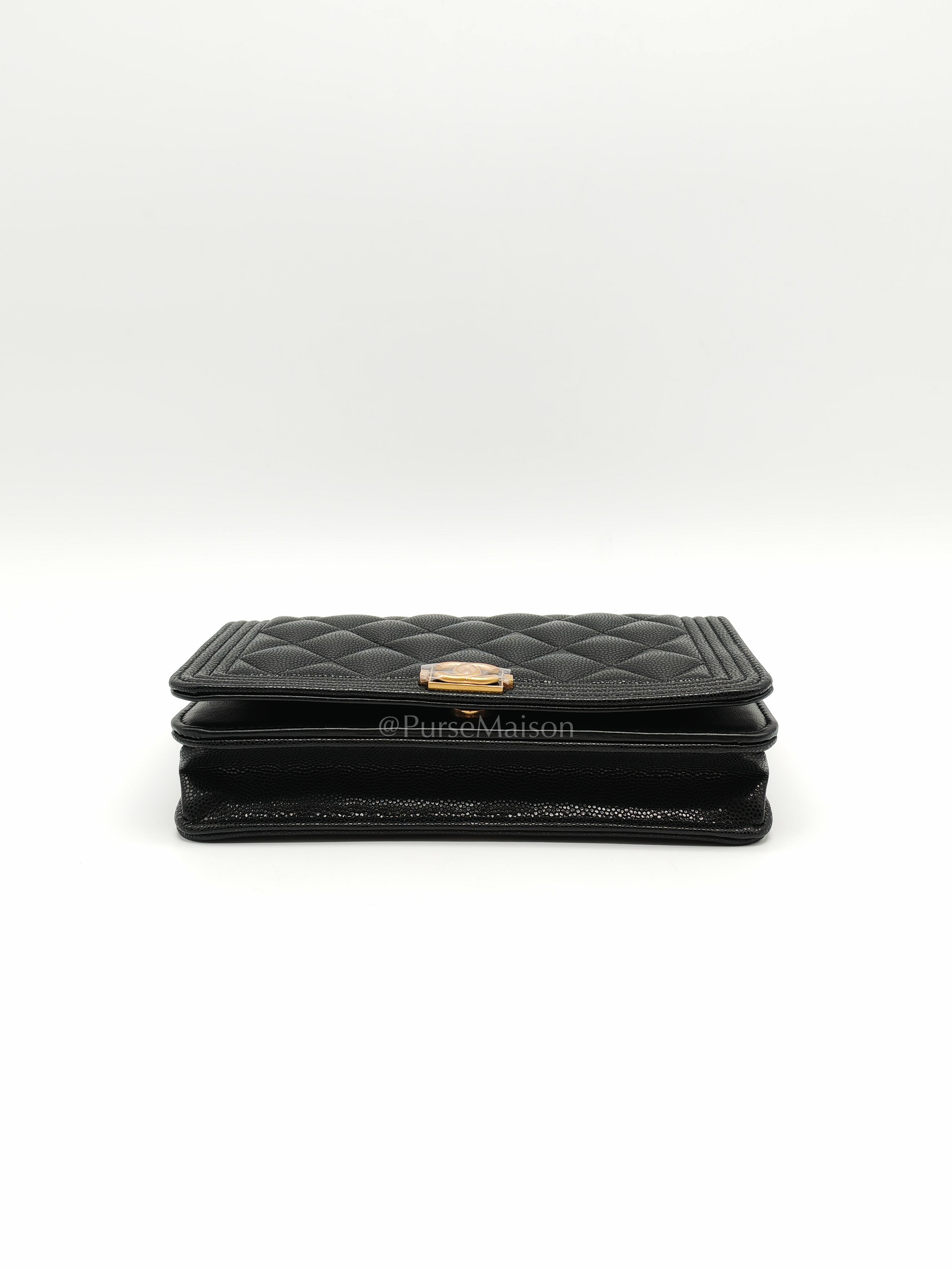 Boy Wallet On Chain (WOC) with Top Handle in Black Caviar Leather and Aged Gold Hardware (Microchip) | Purse Maison Luxury Bags Shop