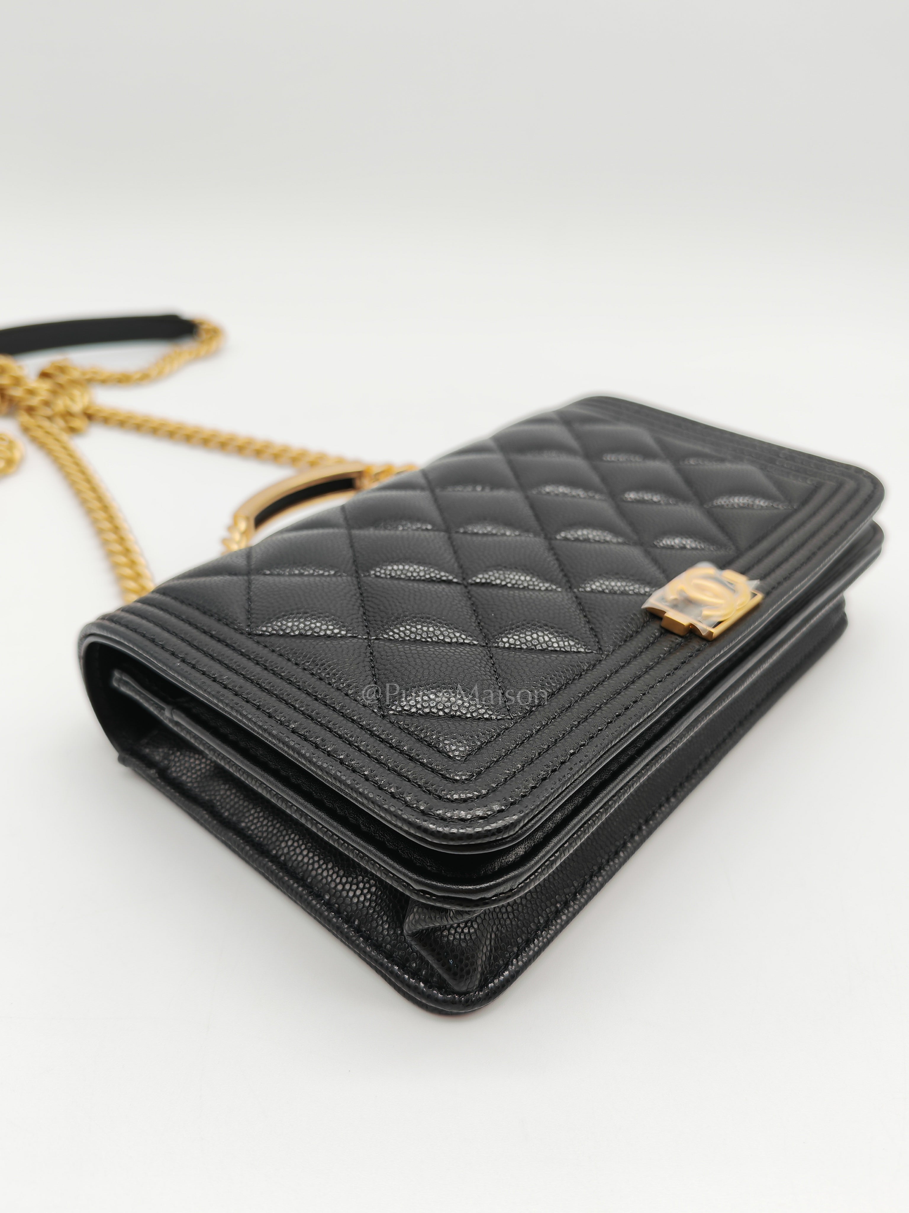 Boy Wallet On Chain (WOC) with Top Handle in Black Caviar Leather and Aged Gold Hardware (Microchip) | Purse Maison Luxury Bags Shop