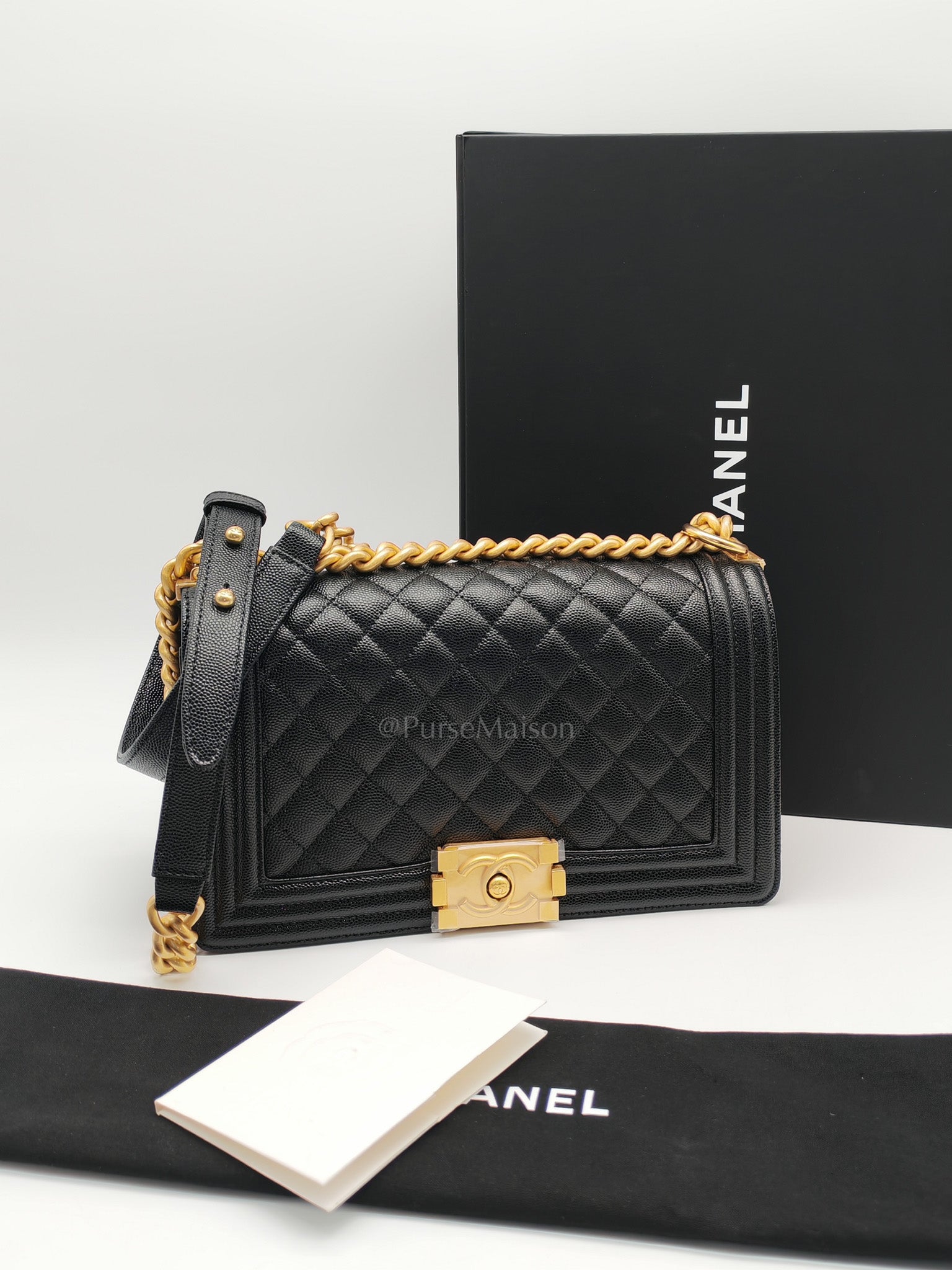 Boy Old Medium in Black Quilted Caviar Leather & Gold Hardware Microchip