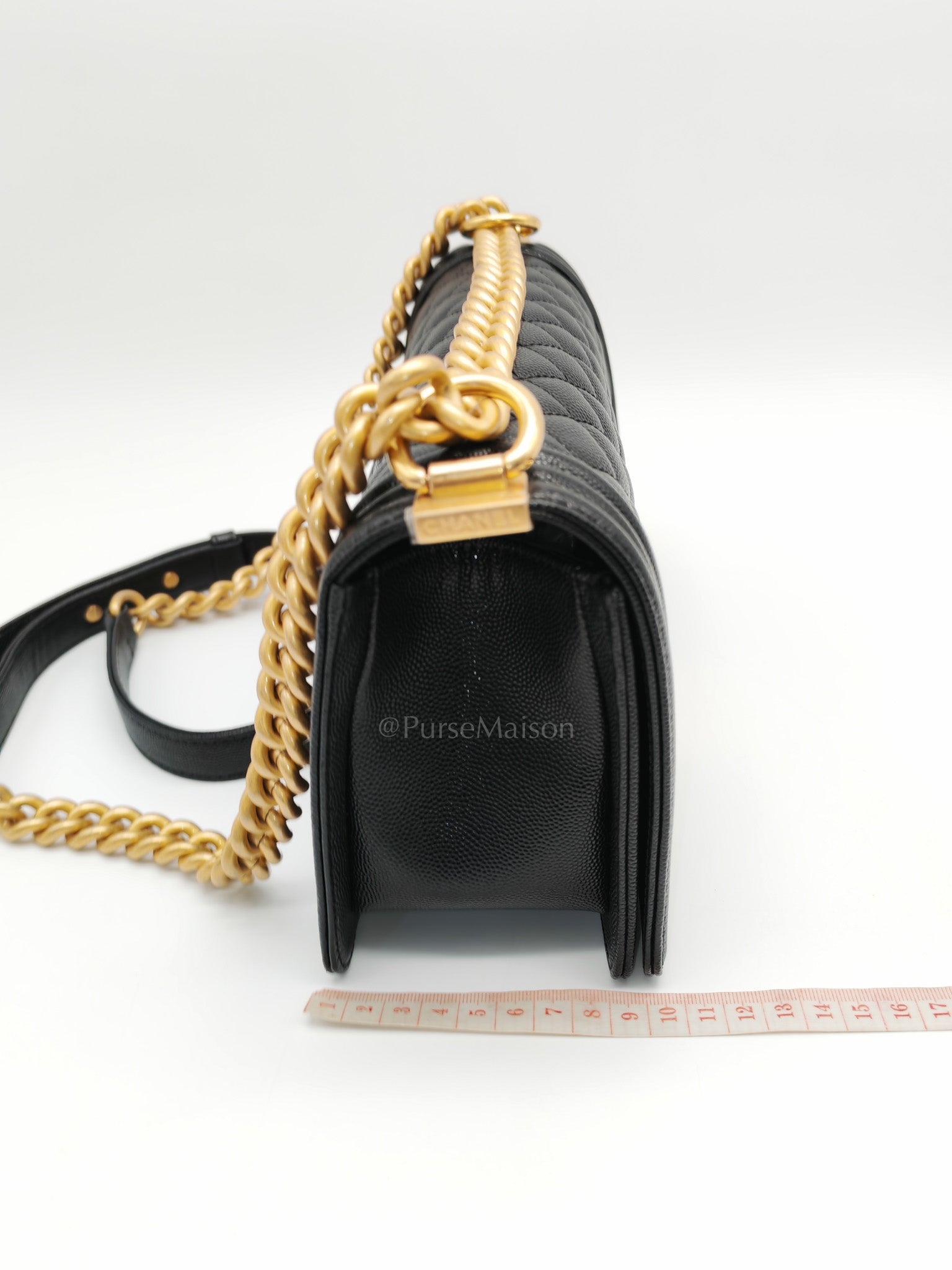 Boy Old Medium in Black Quilted Caviar Leather & Gold Hardware Microchip