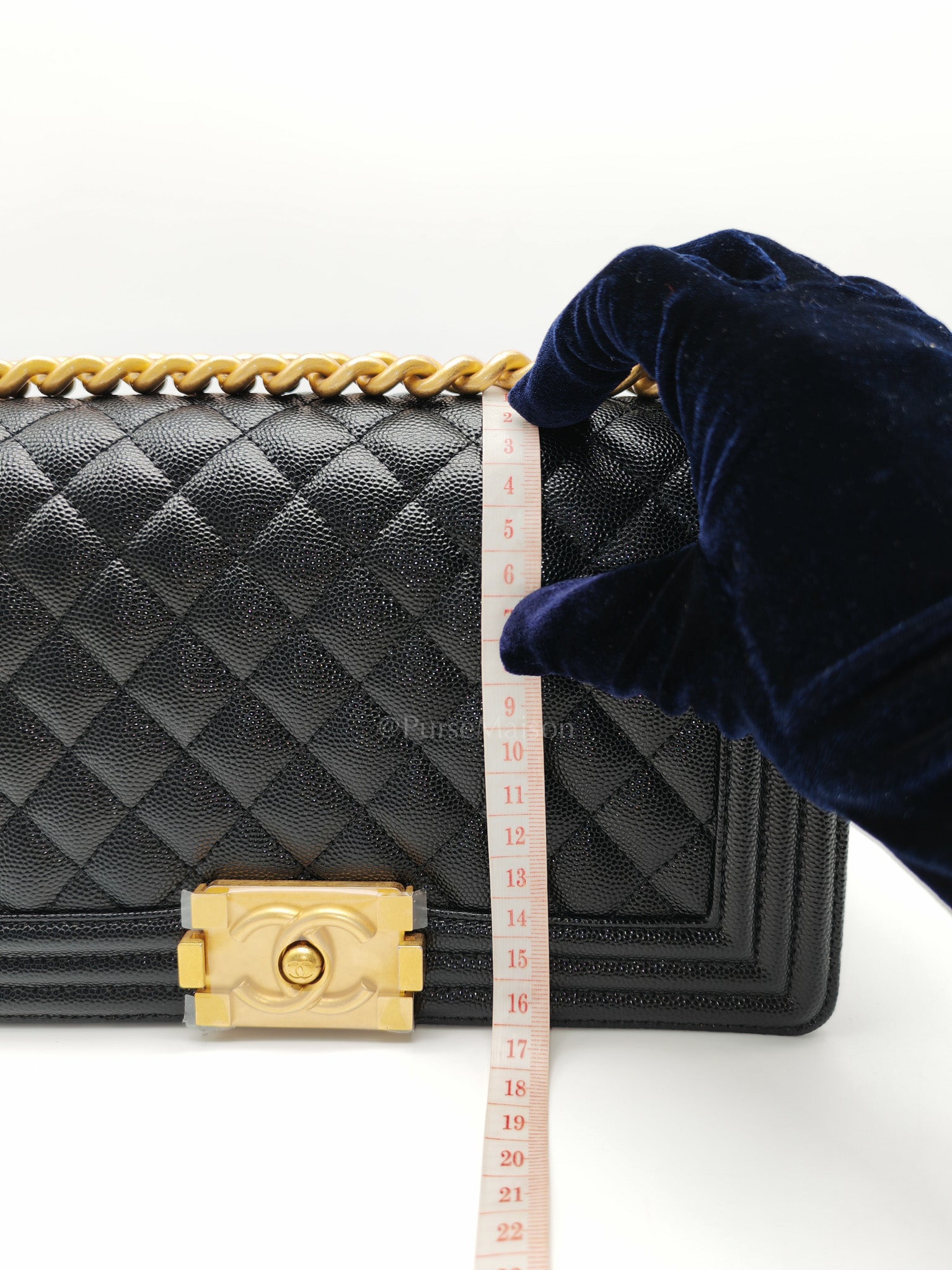 Boy Old Medium in Black Quilted Caviar Leather & Gold Hardware Microchip