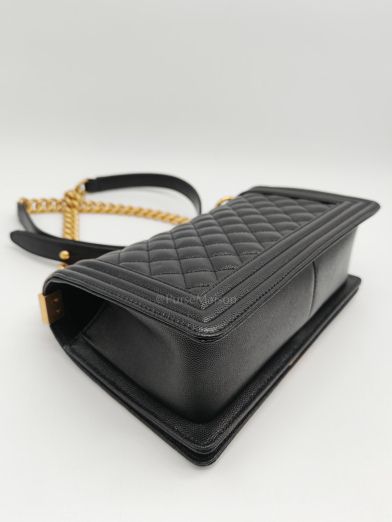 Boy Old Medium in Black Quilted Caviar Leather & Gold Hardware Microchip