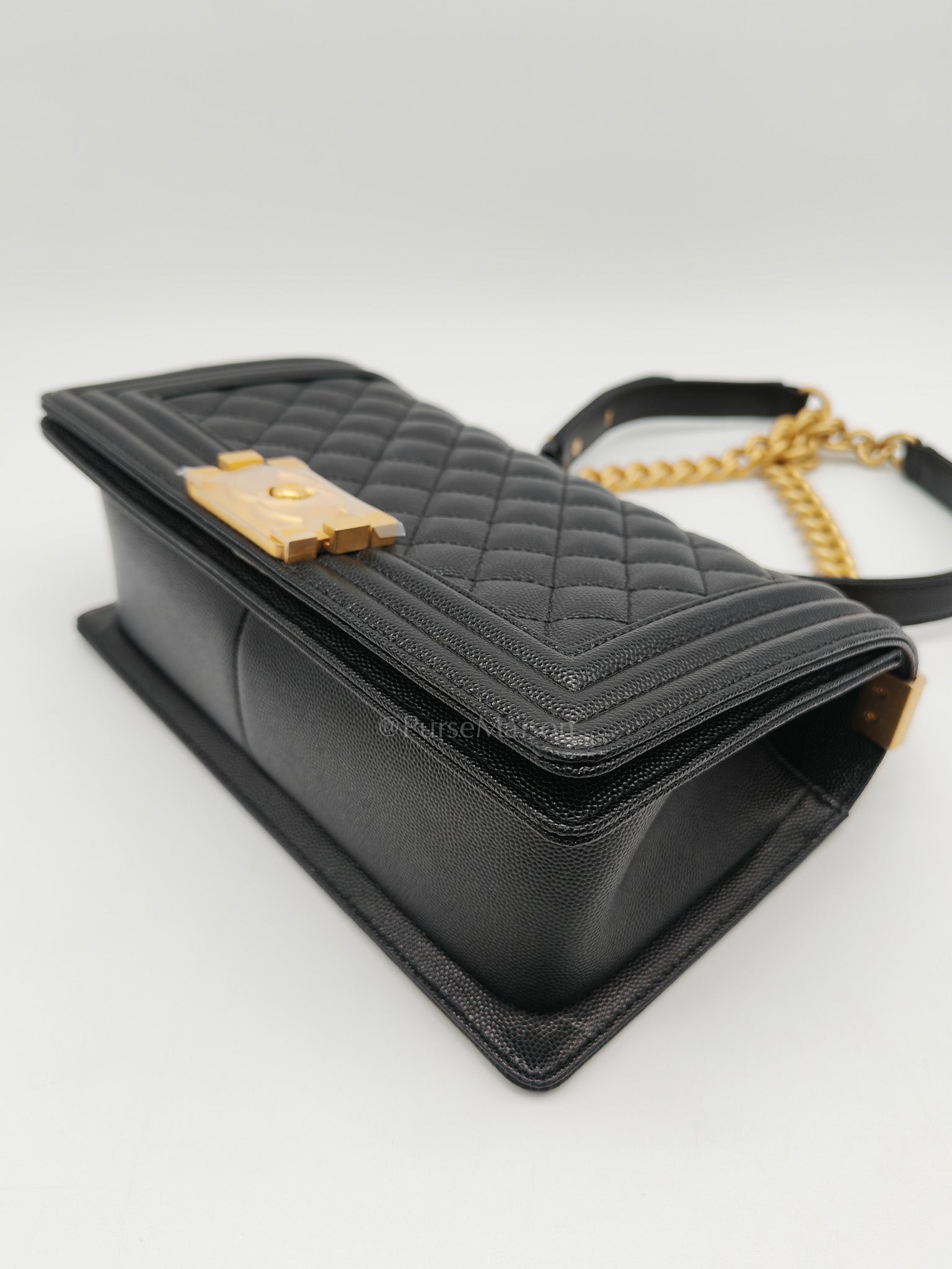 Boy Old Medium in Black Quilted Caviar Leather & Gold Hardware Microchip
