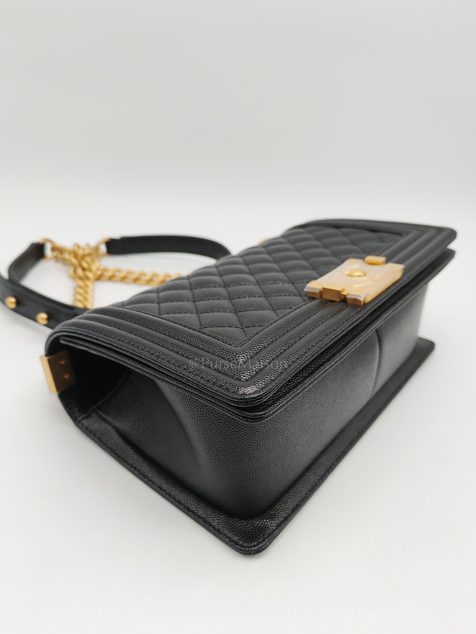 Boy Old Medium in Black Quilted Caviar Leather & Gold Hardware Microchip