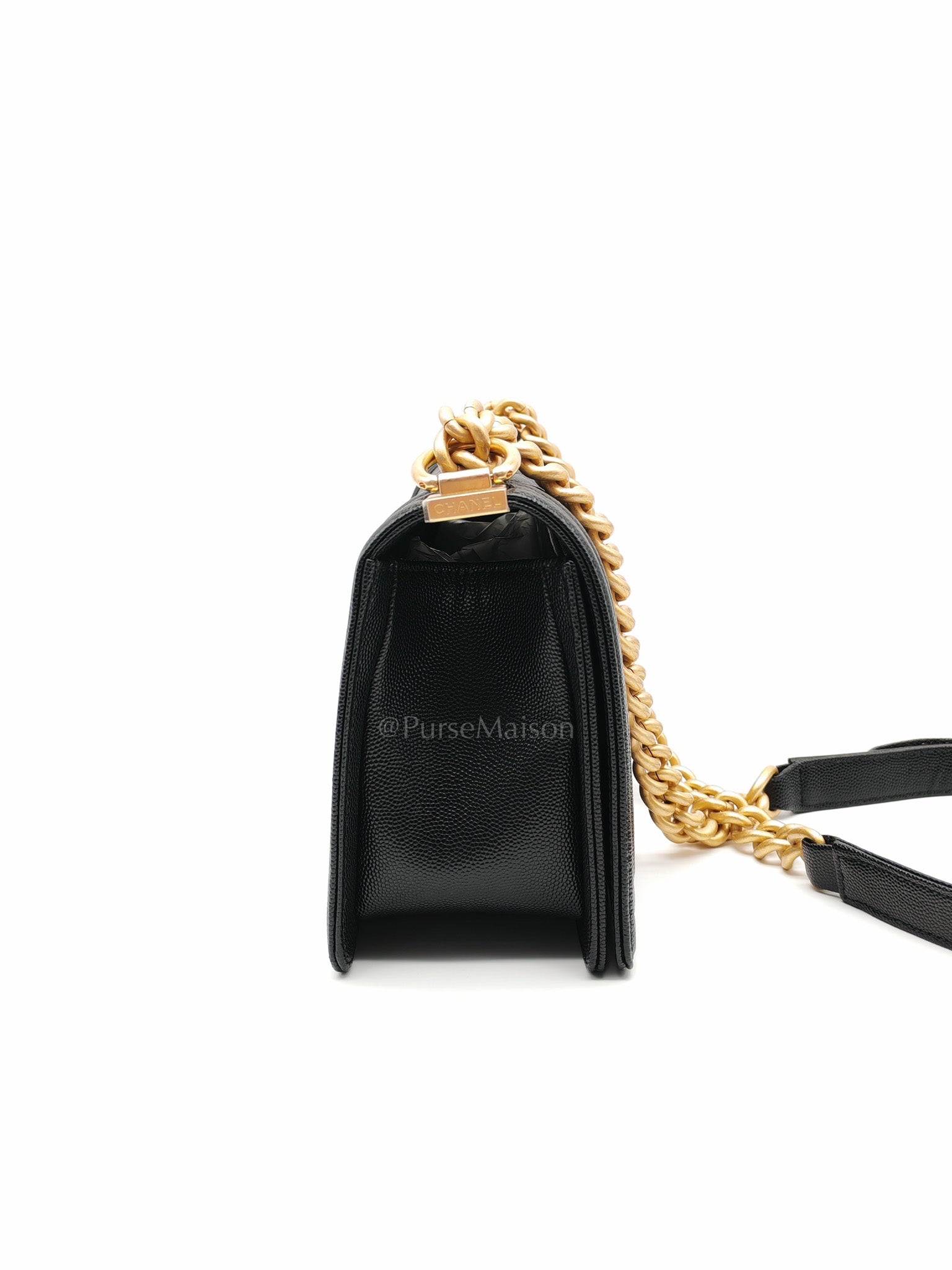 Boy Old Medium in Black Quilted Caviar Leather & Gold Hardware Microchip