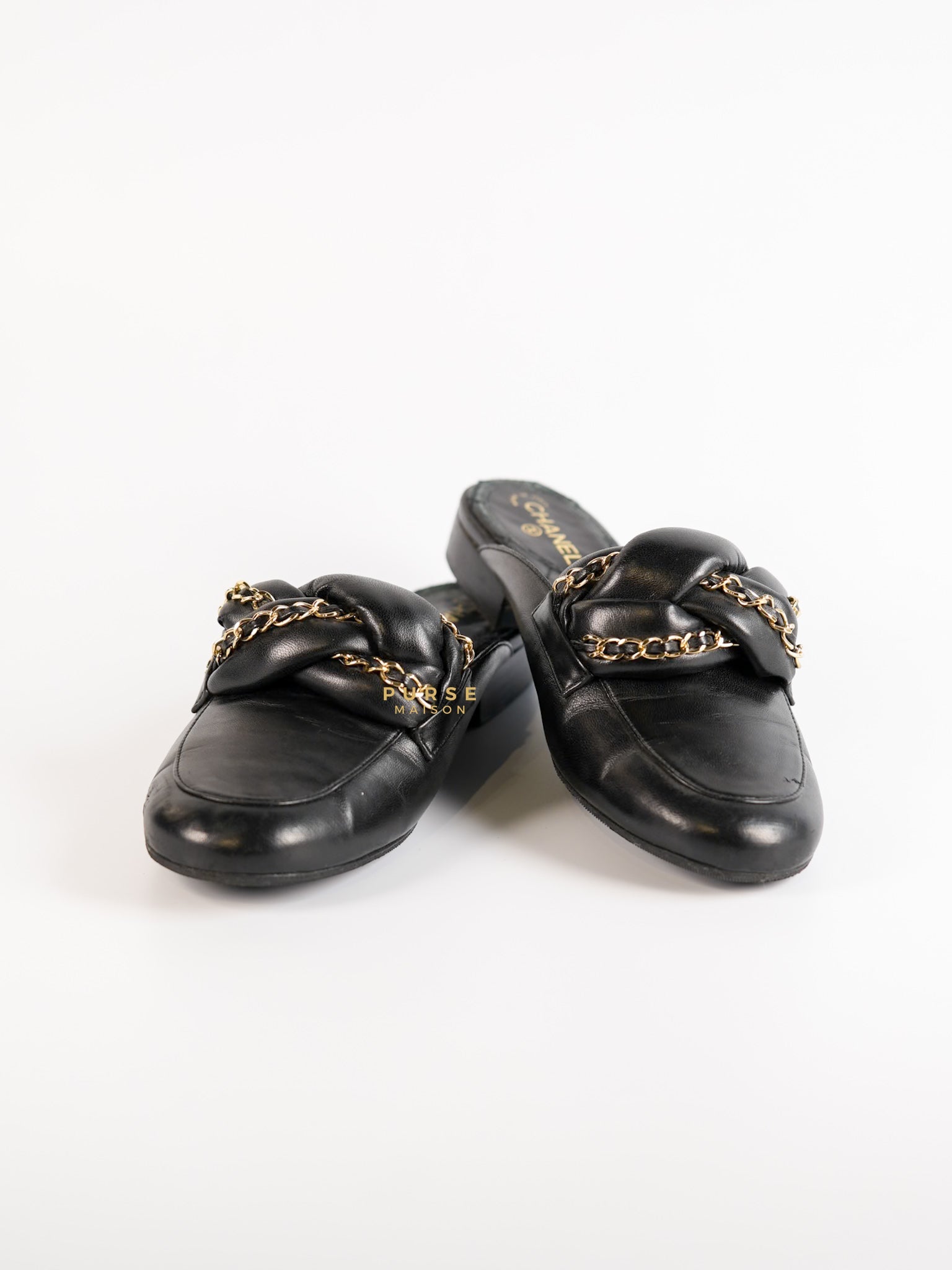 Braided Chain Mules in Black Leather Size 36.5 (23cm) | Purse Maison Luxury Bags Shop