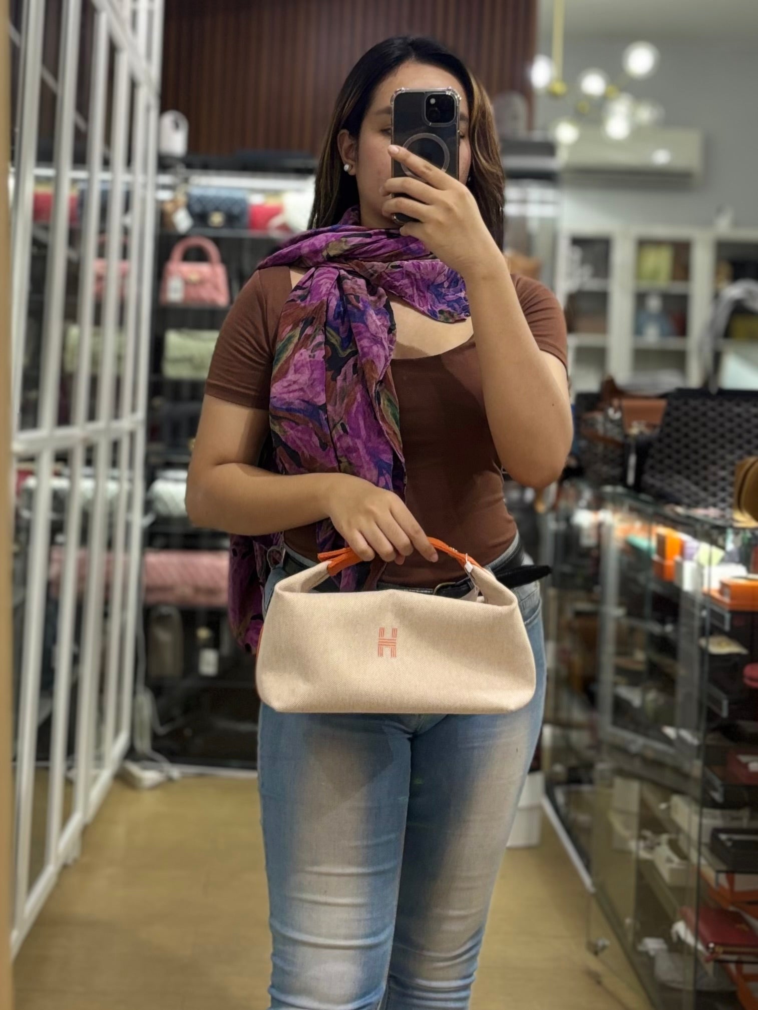 Bride-A-Brac Large Pouch Orange Handle and Beige Canvas | Purse Maison Luxury Bags Shop