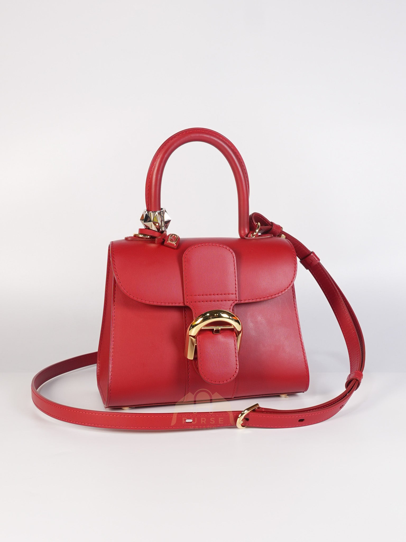 Brillant Mini Lipstick Hand Bag in Red Calfskin Leather & Gold Hardware | Purse Maison Luxury Bags Shop