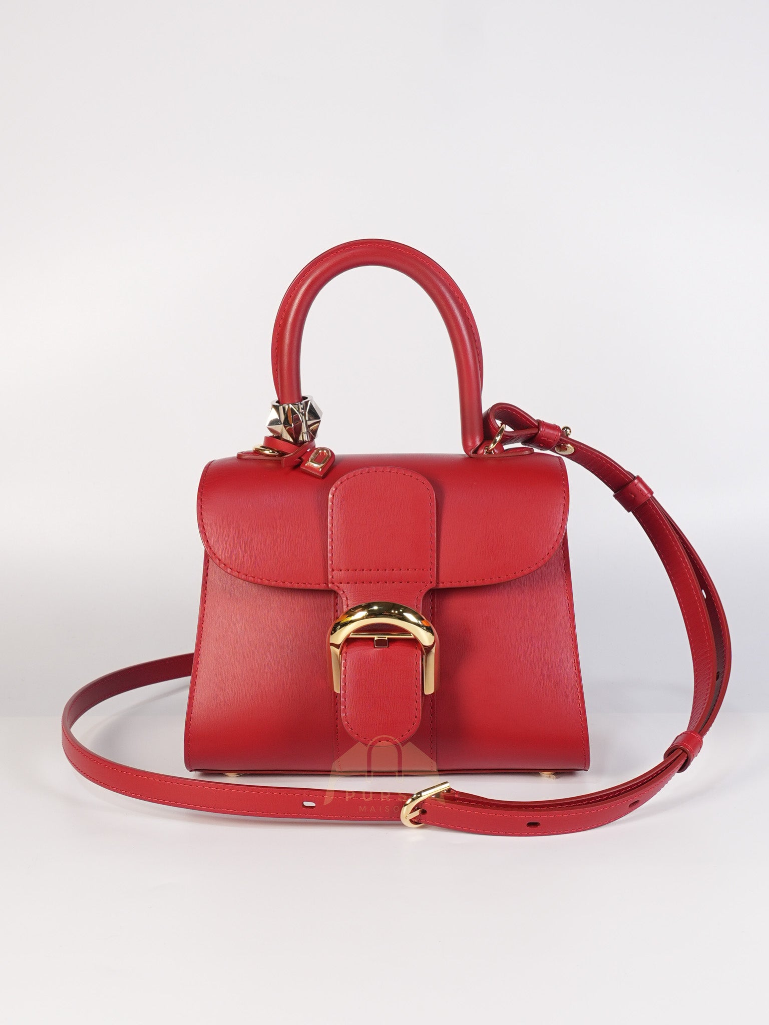 Brillant Mini Lipstick Hand Bag in Red Calfskin Leather & Gold Hardware | Purse Maison Luxury Bags Shop