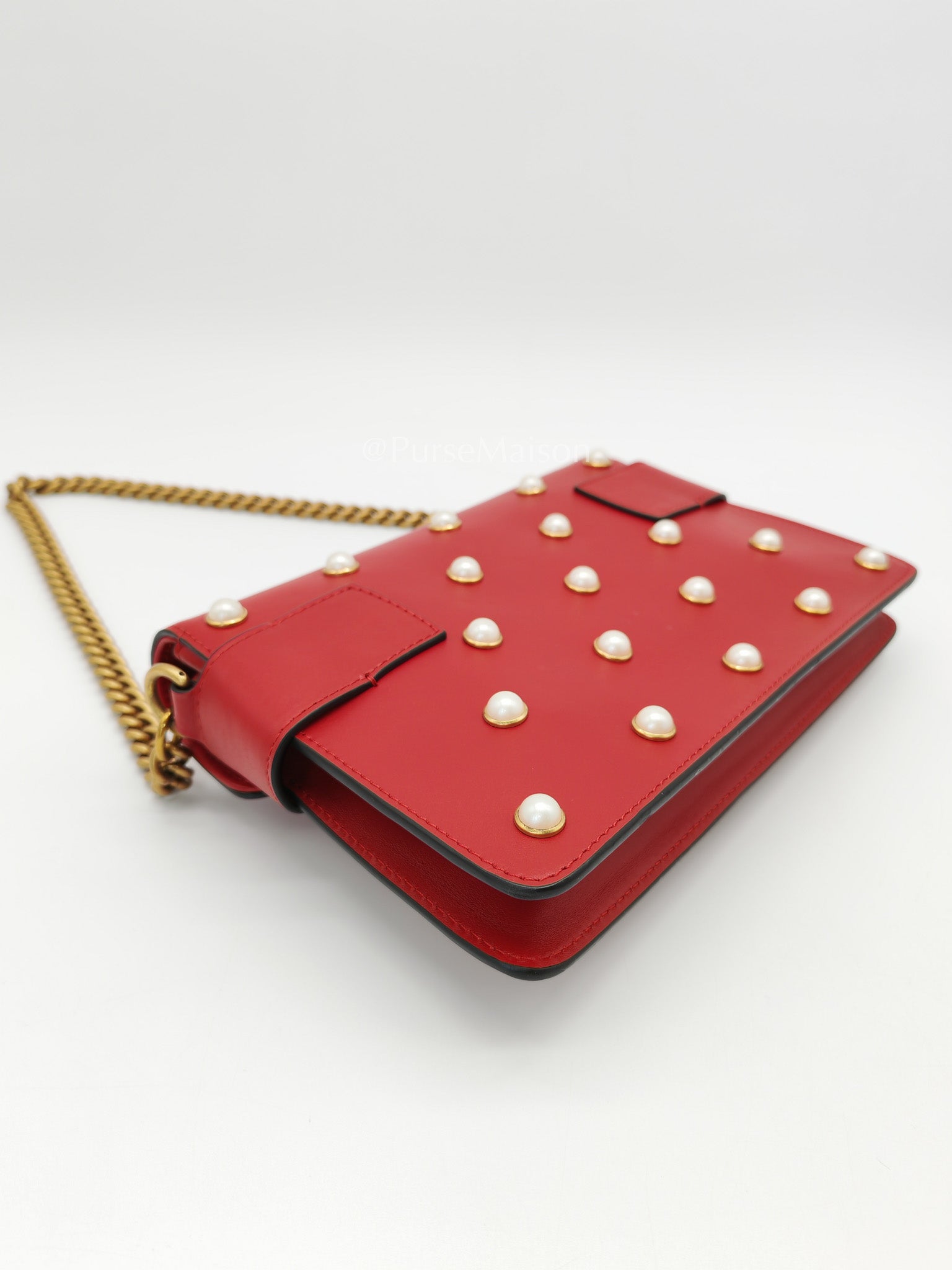 Broadway Pearl Studded Shoulder Bag in Red Prominent Crystal-Embellished Bee | Purse Maison Luxury Bags Shop