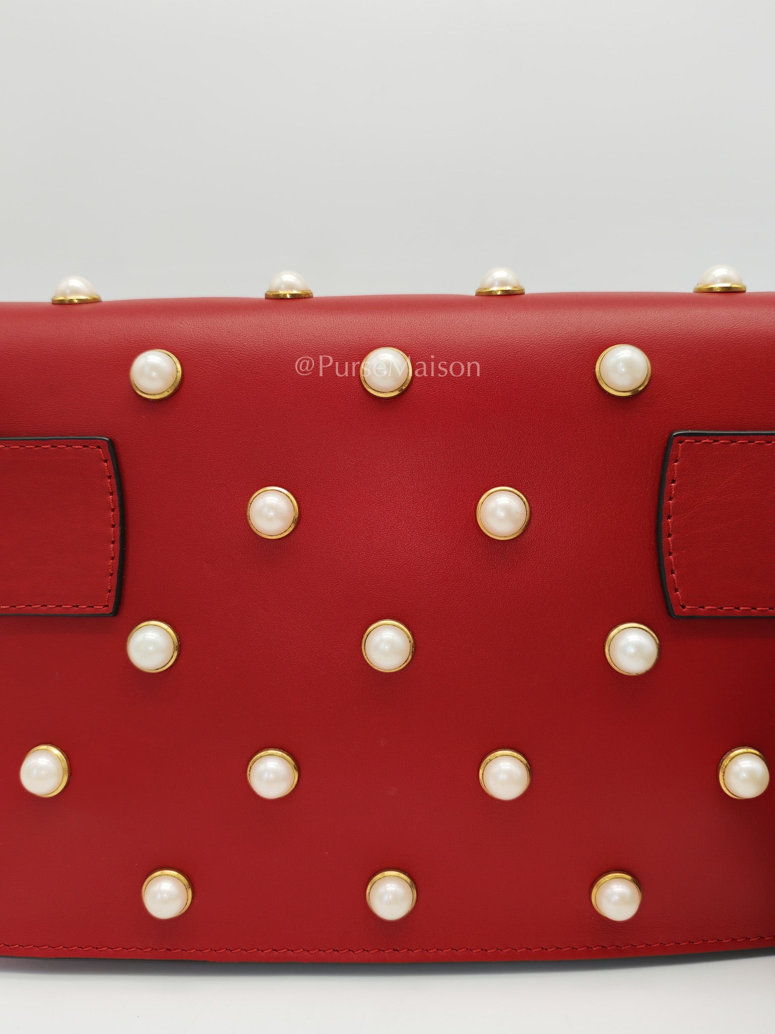 Broadway Pearl Studded Shoulder Bag in Red Prominent Crystal-Embellished Bee | Purse Maison Luxury Bags Shop