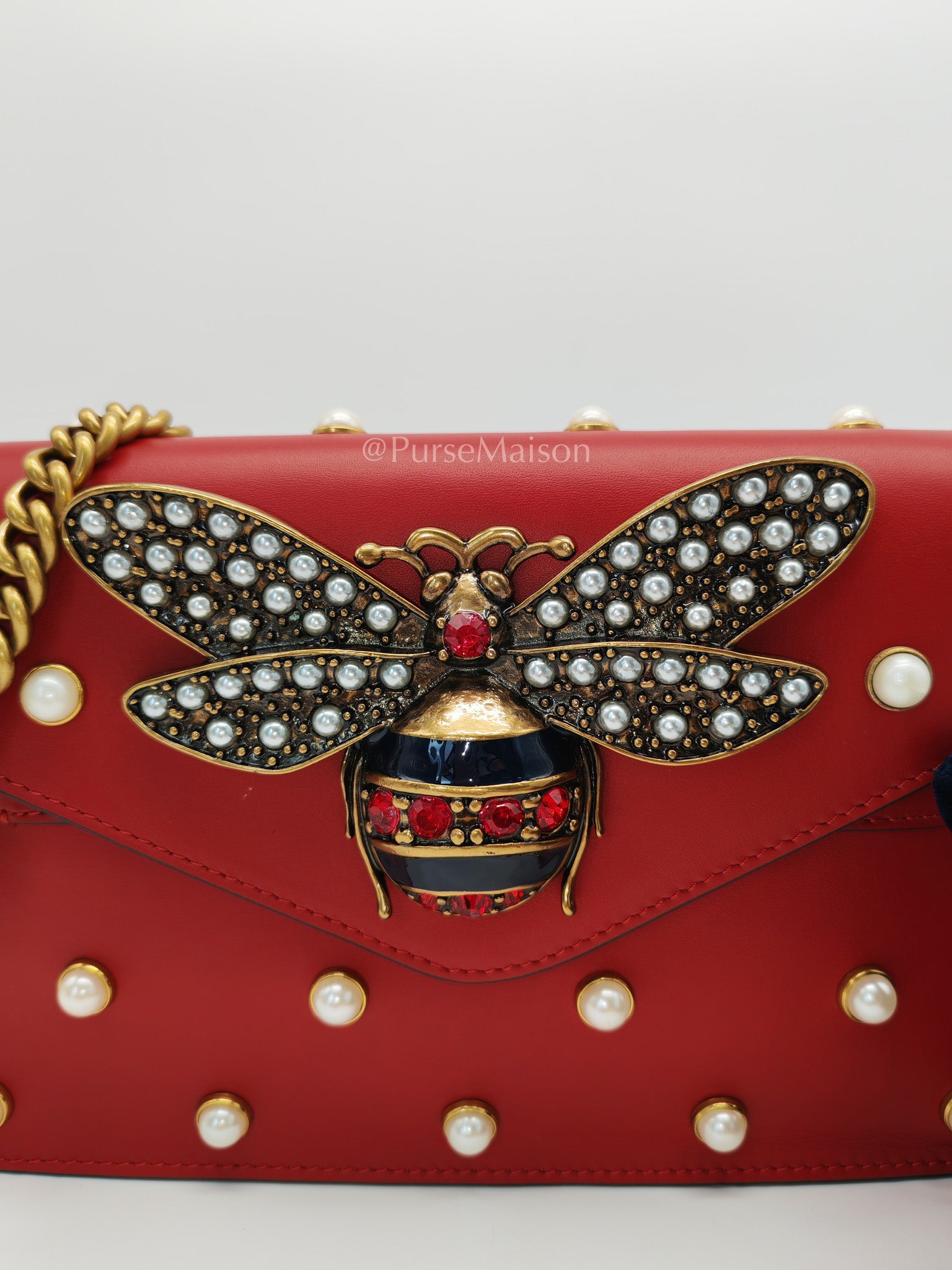 Broadway Pearl Studded Shoulder Bag in Red Prominent Crystal-Embellished Bee | Purse Maison Luxury Bags Shop