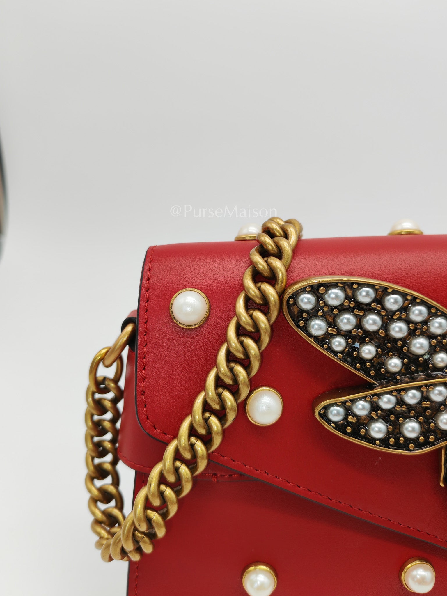 Broadway Pearl Studded Shoulder Bag in Red Prominent Crystal-Embellished Bee | Purse Maison Luxury Bags Shop