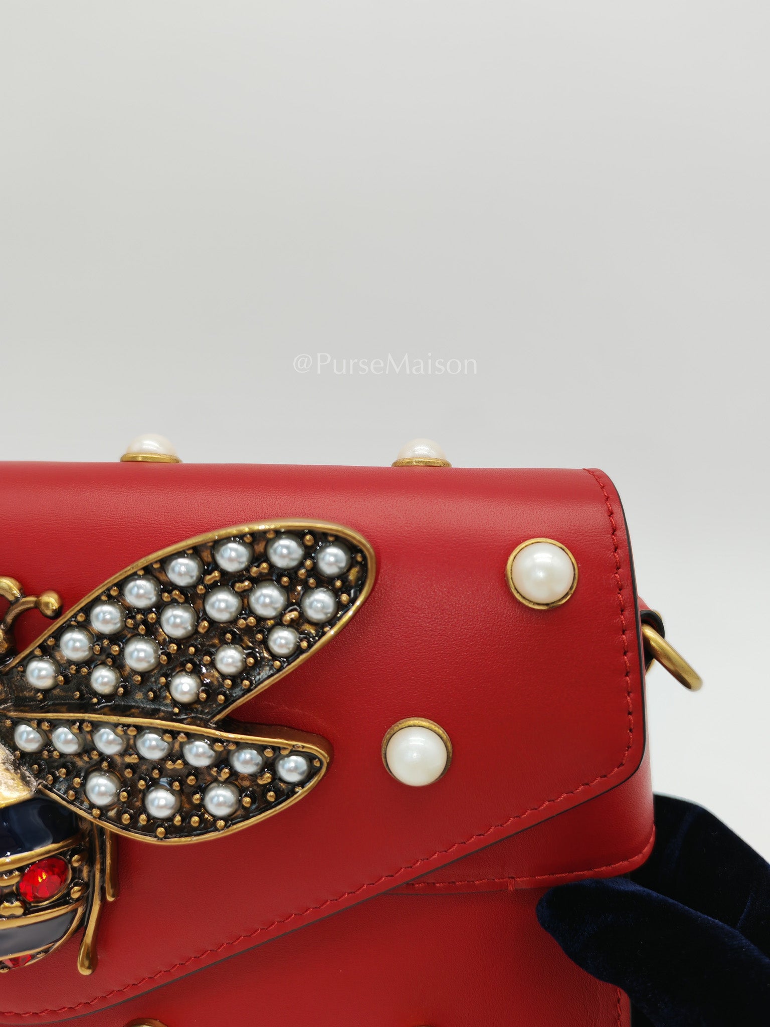Broadway Pearl Studded Shoulder Bag in Red Prominent Crystal-Embellished Bee | Purse Maison Luxury Bags Shop