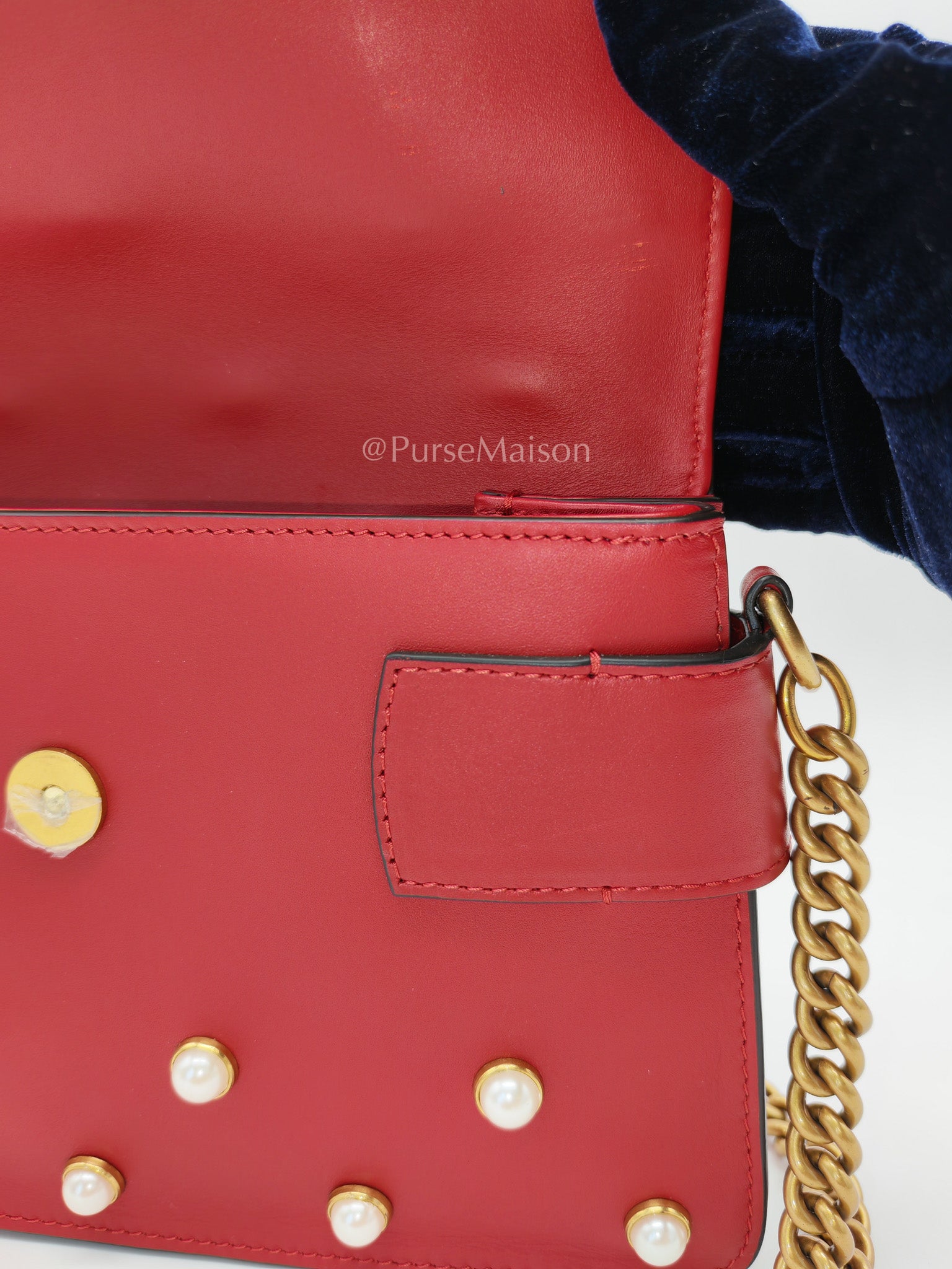 Broadway Pearl Studded Shoulder Bag in Red Prominent Crystal-Embellished Bee | Purse Maison Luxury Bags Shop