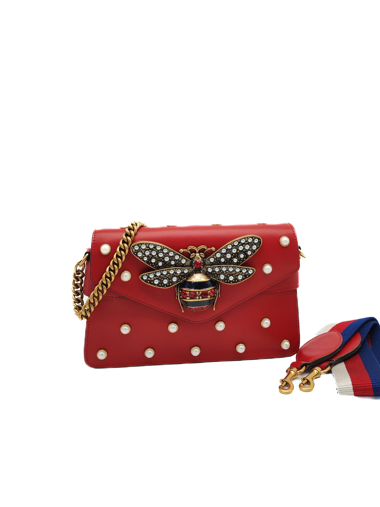 Broadway Pearl Studded Shoulder Bag in Red Prominent Crystal-Embellished Bee | Purse Maison Luxury Bags Shop