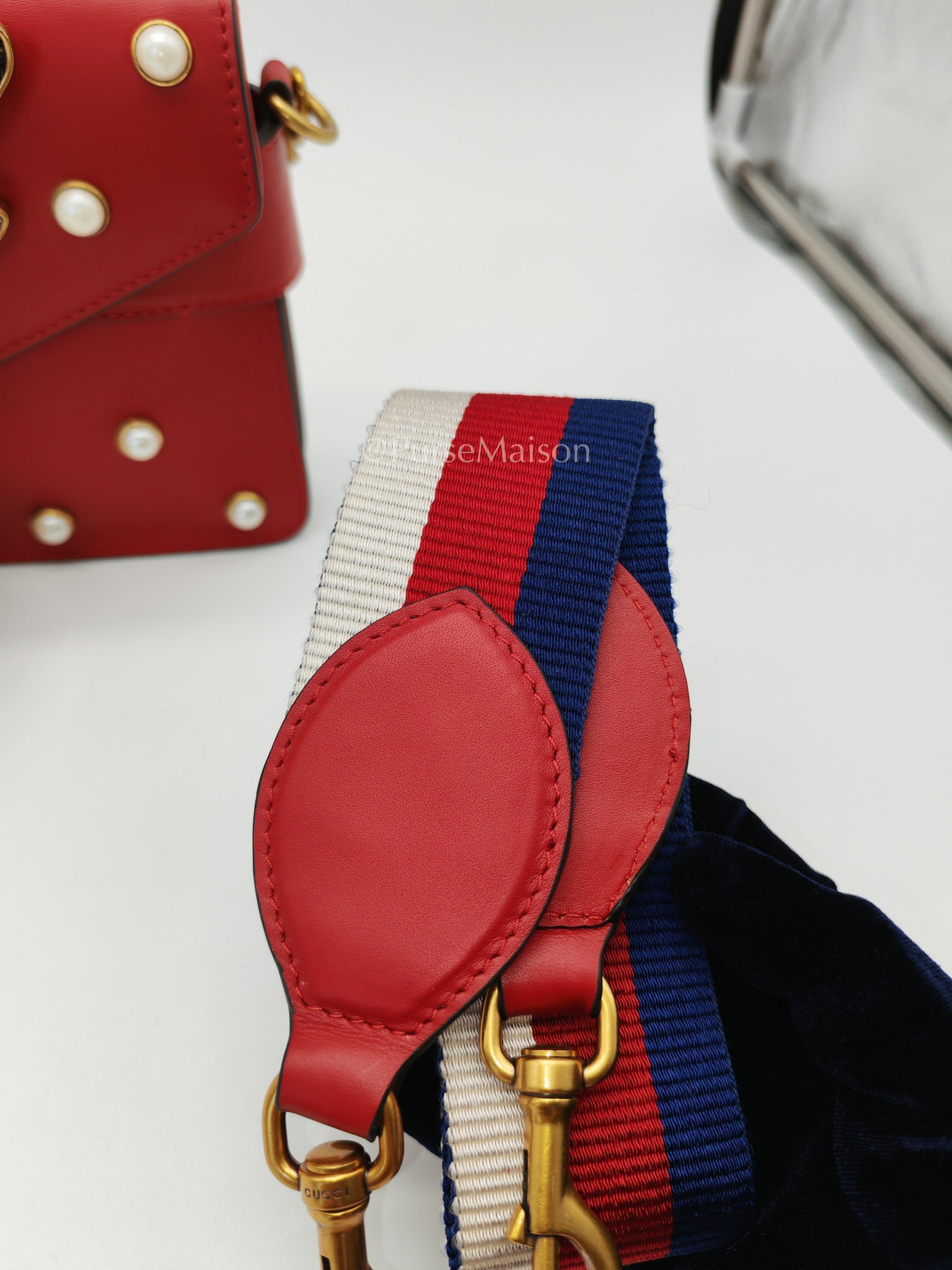 Broadway Pearl Studded Shoulder Bag in Red Prominent Crystal-Embellished Bee | Purse Maison Luxury Bags Shop
