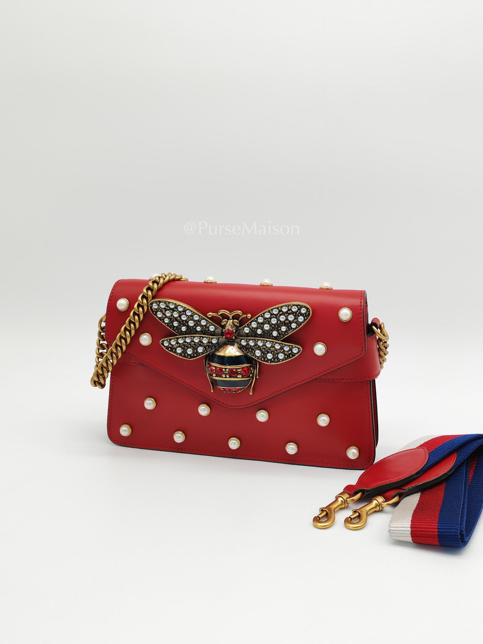 Broadway Pearl Studded Shoulder Bag in Red Prominent Crystal-Embellished Bee | Purse Maison Luxury Bags Shop