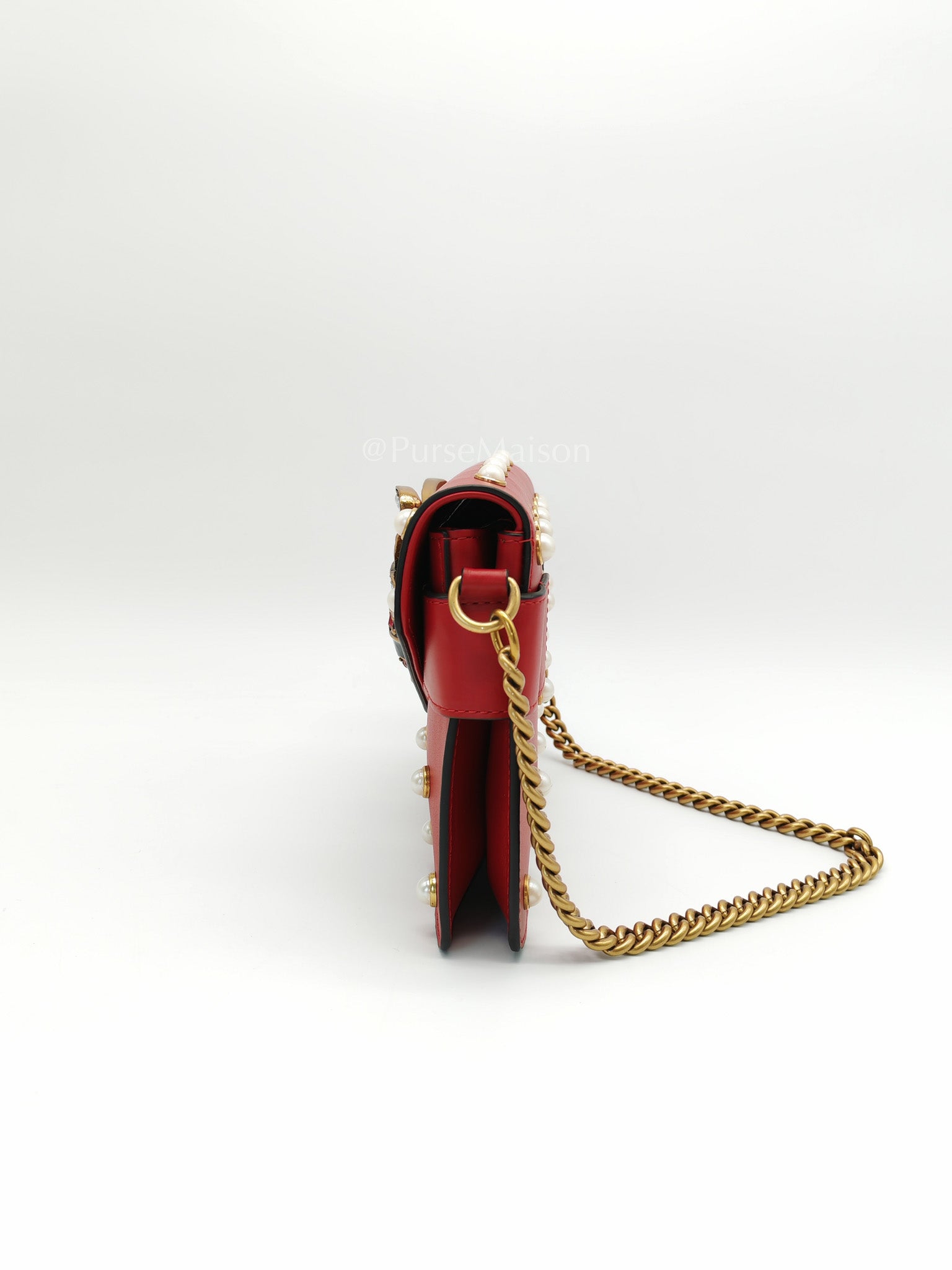 Broadway Pearl Studded Shoulder Bag in Red Prominent Crystal-Embellished Bee | Purse Maison Luxury Bags Shop