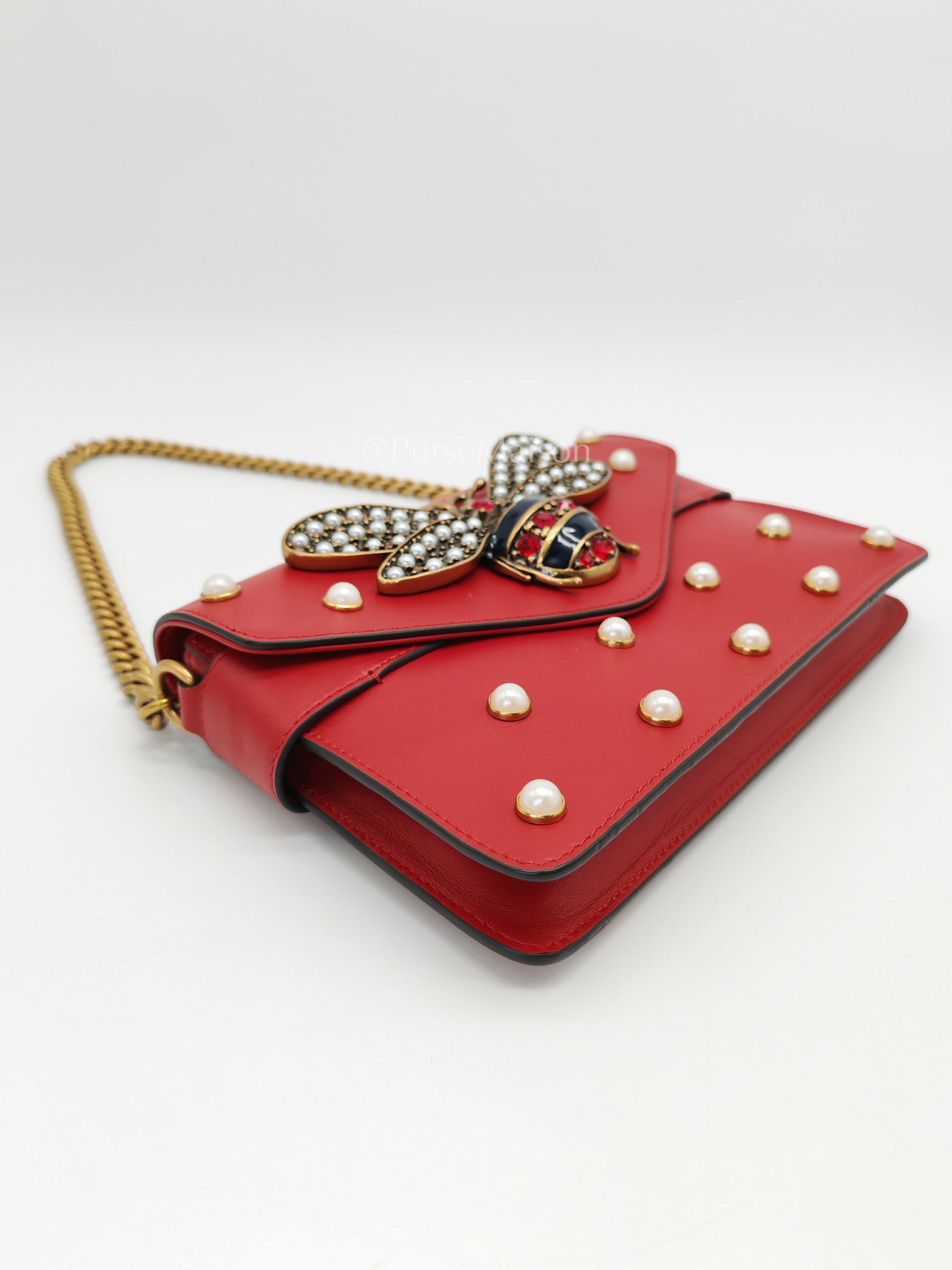 Broadway Pearl Studded Shoulder Bag in Red Prominent Crystal-Embellished Bee | Purse Maison Luxury Bags Shop