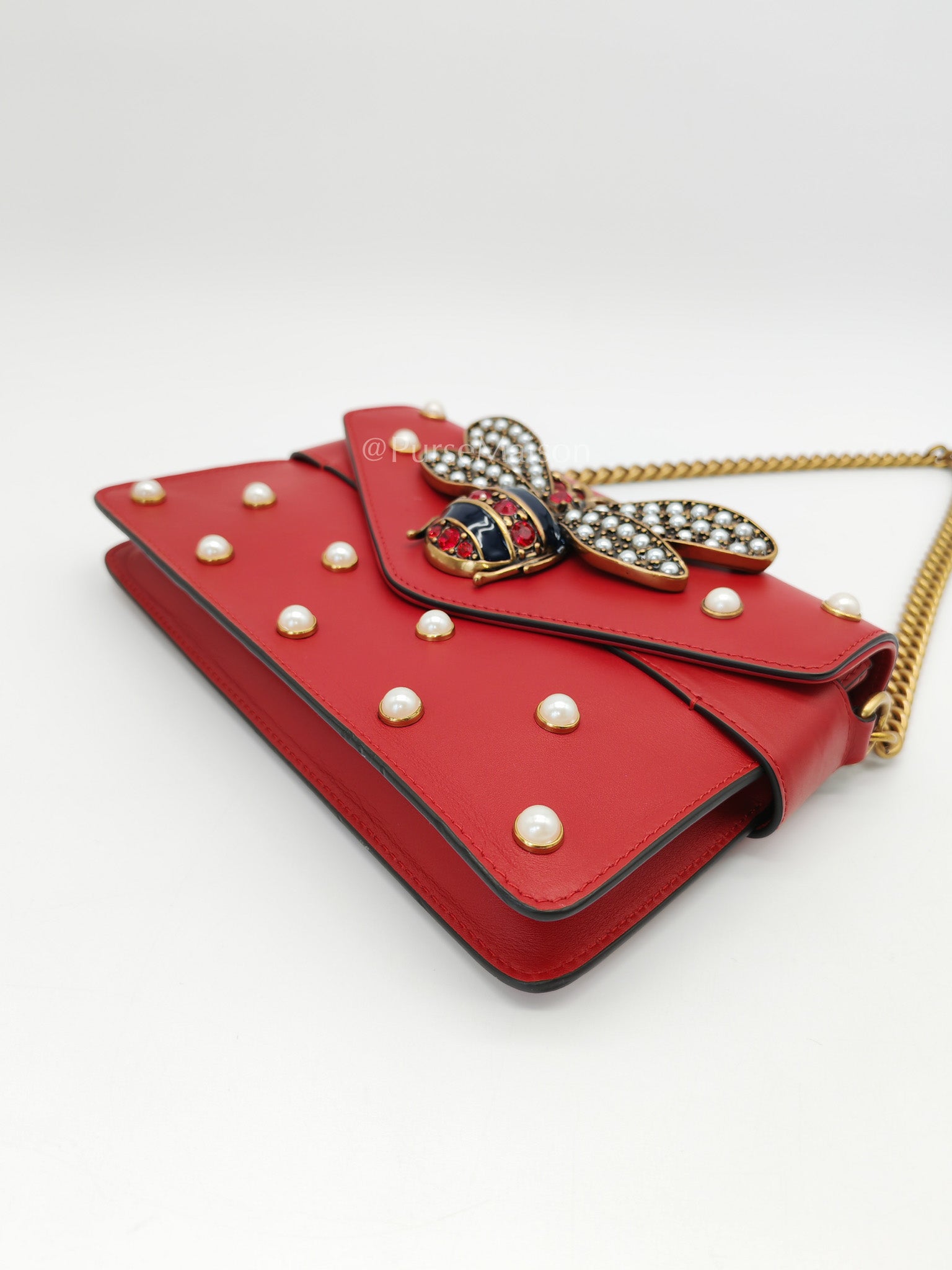 Broadway Pearl Studded Shoulder Bag in Red Prominent Crystal-Embellished Bee | Purse Maison Luxury Bags Shop