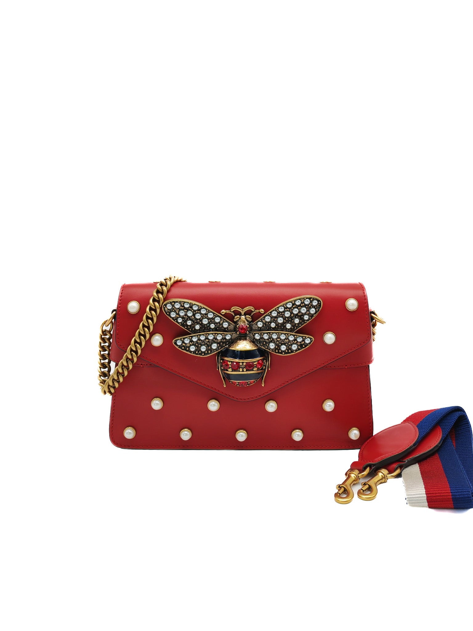 Broadway Pearl Studded Shoulder Bag in Red Prominent Crystal-Embellished Bee | Purse Maison Luxury Bags Shop