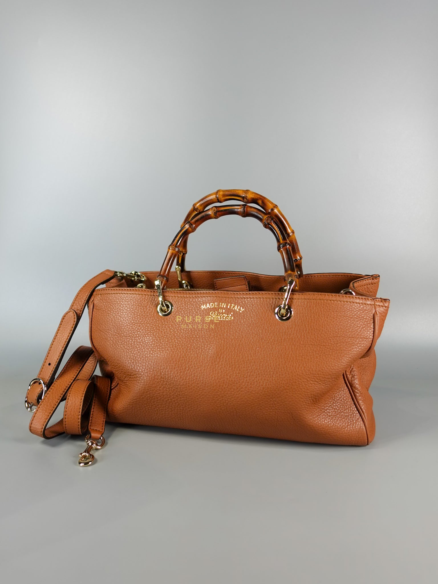 Brown Leather Bamboo Top Handle Medium Tote Bag | Purse Maison Luxury Bags Shop