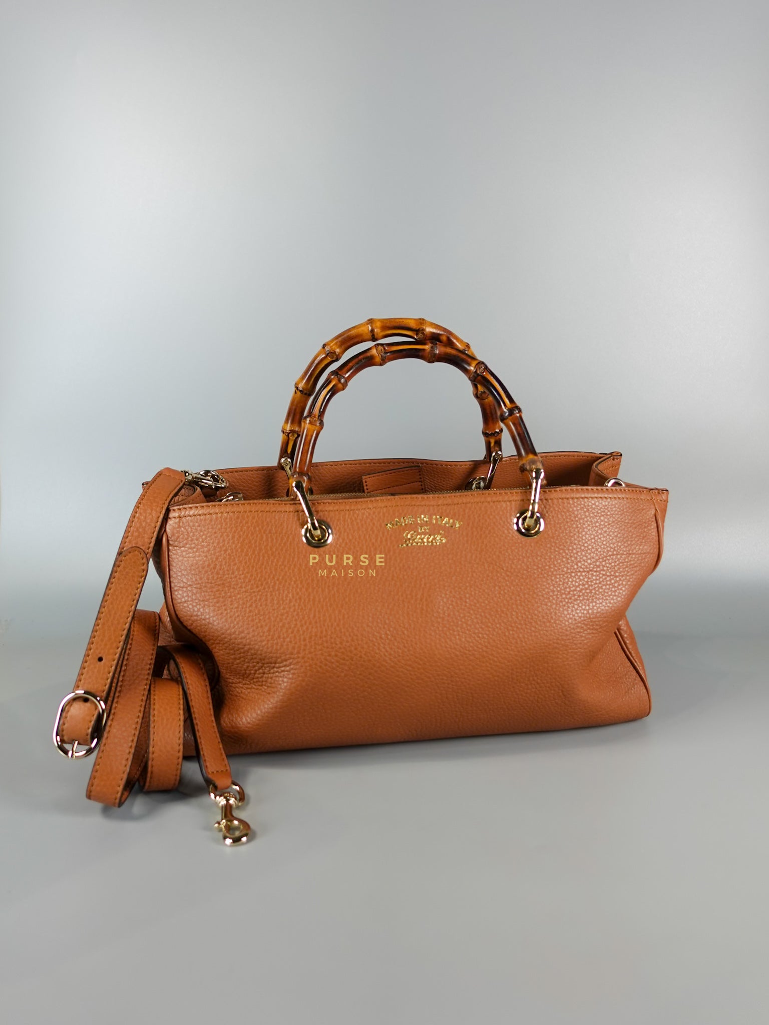 Brown Leather Bamboo Top Handle Medium Tote Bag | Purse Maison Luxury Bags Shop