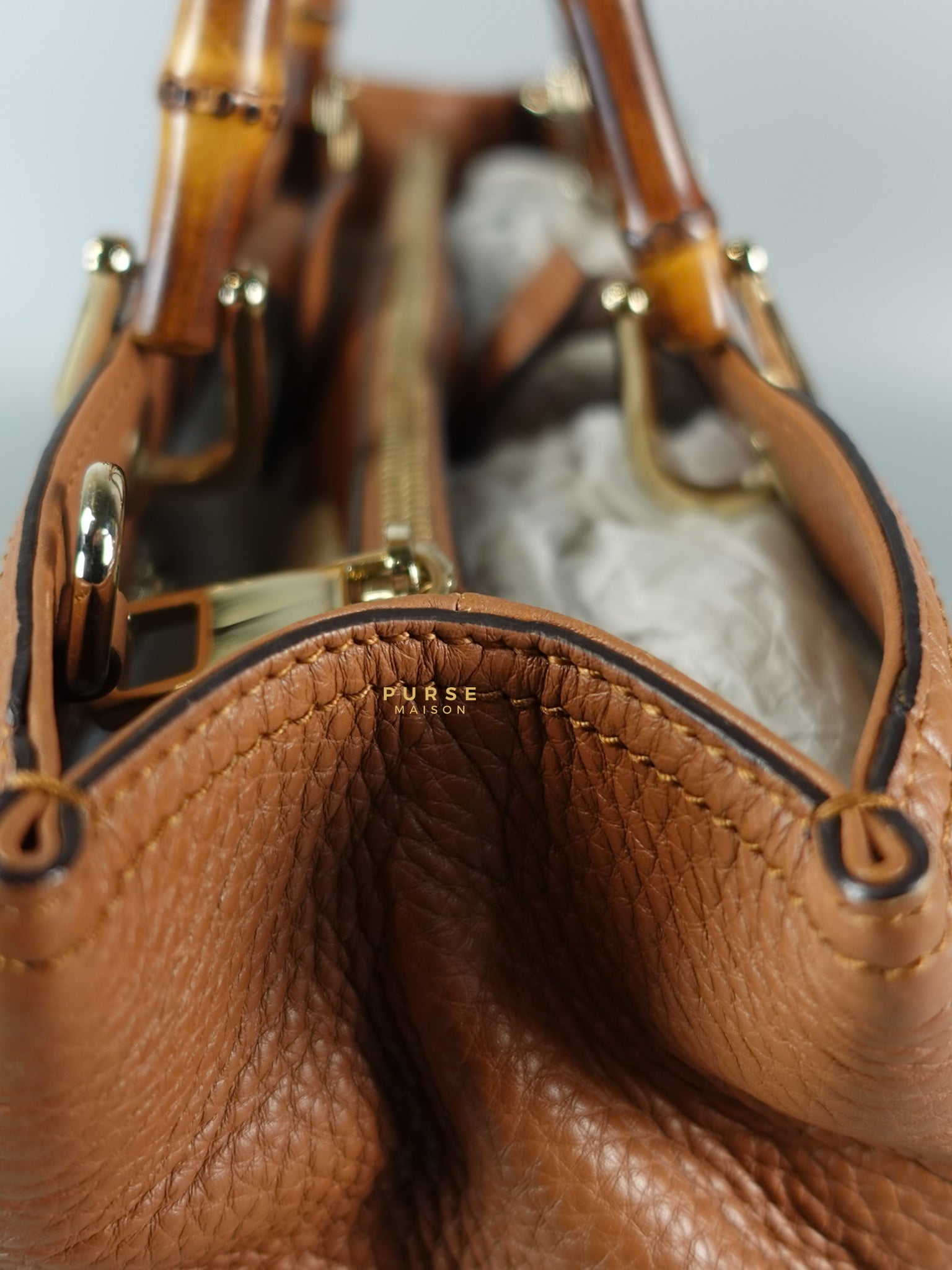 Brown Leather Bamboo Top Handle Medium Tote Bag | Purse Maison Luxury Bags Shop