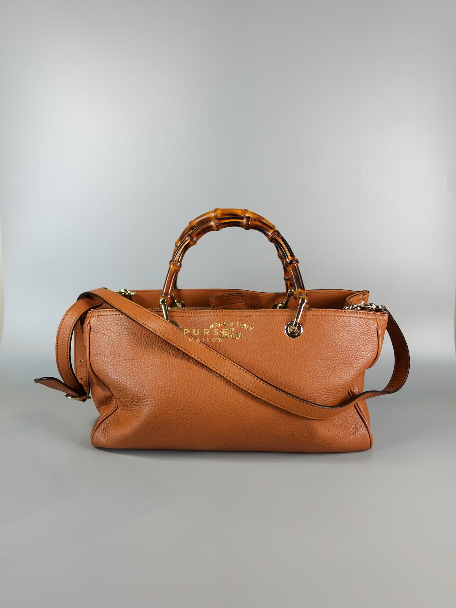 Brown Leather Bamboo Top Handle Medium Tote Bag | Purse Maison Luxury Bags Shop