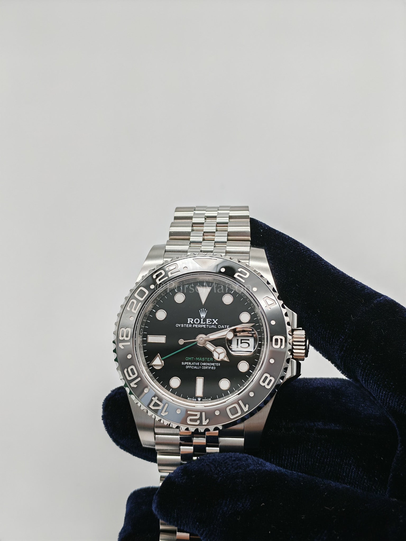 "Bruce Wayne" 40mm GMT-Master II Black Dial Oyster Perpetual Date Jubilee Silver Stainless Steel Strap Year 2025 (Reference Number: 126710GRNR) | Purse Maison Luxury Bags Shop