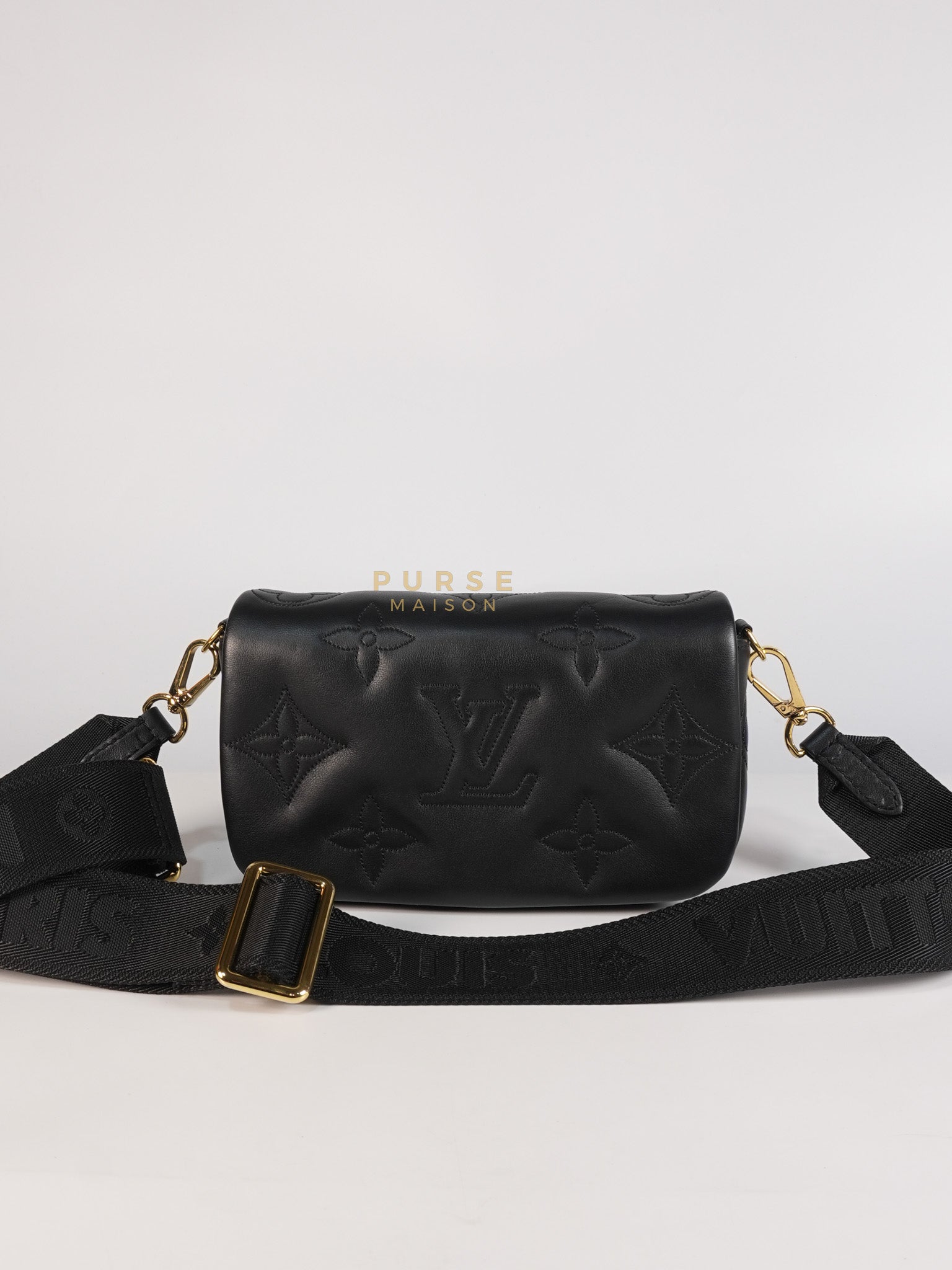 Bubble Gram Wallet on Strap 2Way Bag in Black Lambskin Leather & Gold Hardware | Purse Maison Luxury Bags Shop