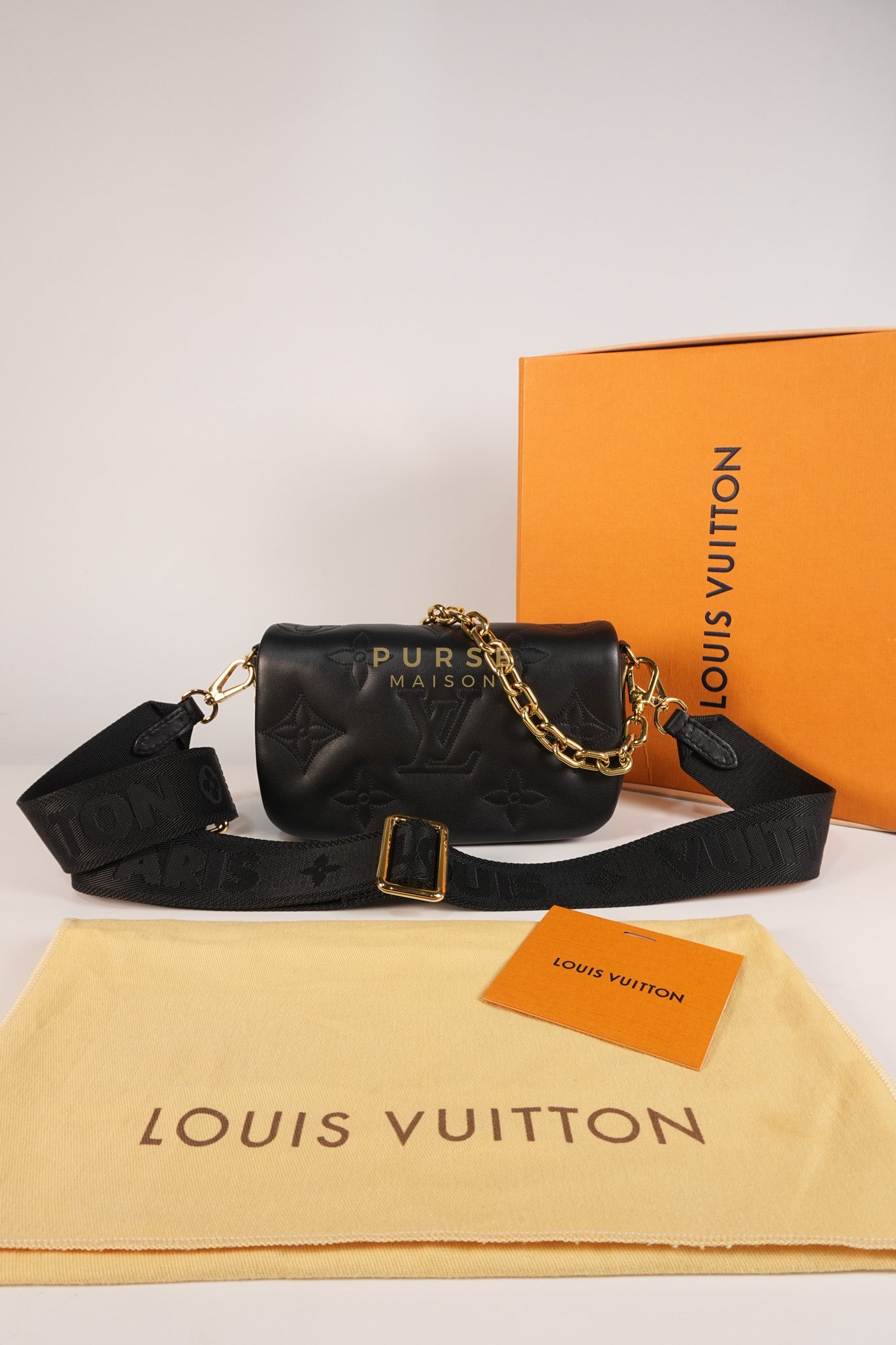 Bubble Gram Wallet on Strap 2Way Bag in Black Lambskin Leather & Gold Hardware | Purse Maison Luxury Bags Shop