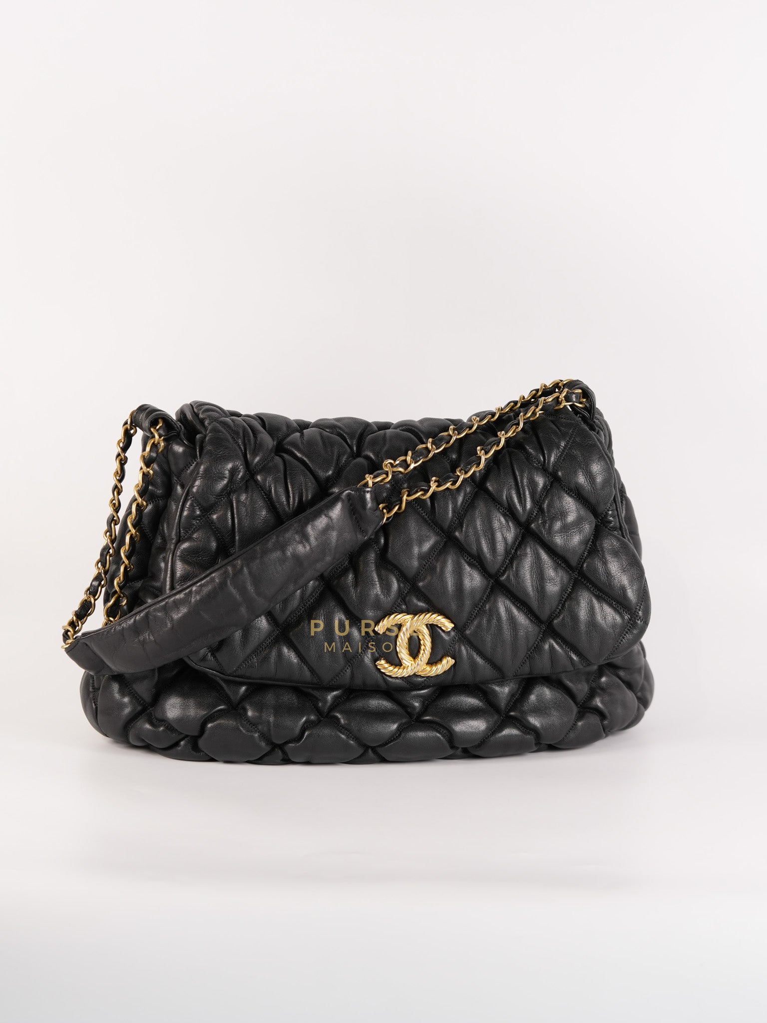 Bubble Hobo Flap Bag in Black Quilted Calfskin Leather Aged Gold Hardware (Series 12) | Purse Maison Luxury Bags Shop