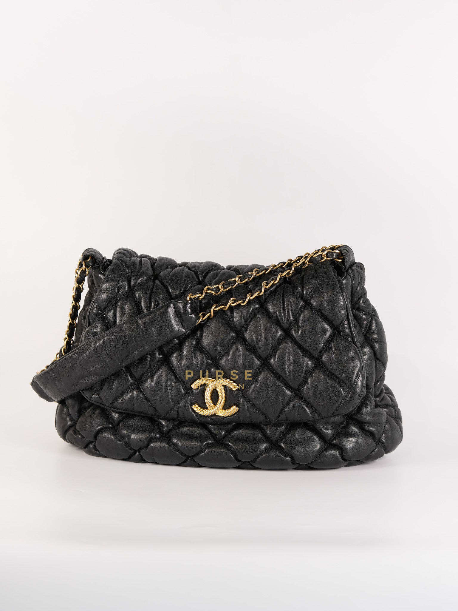 Bubble Hobo Flap Bag in Black Quilted Calfskin Leather Aged Gold Hardware (Series 12) | Purse Maison Luxury Bags Shop