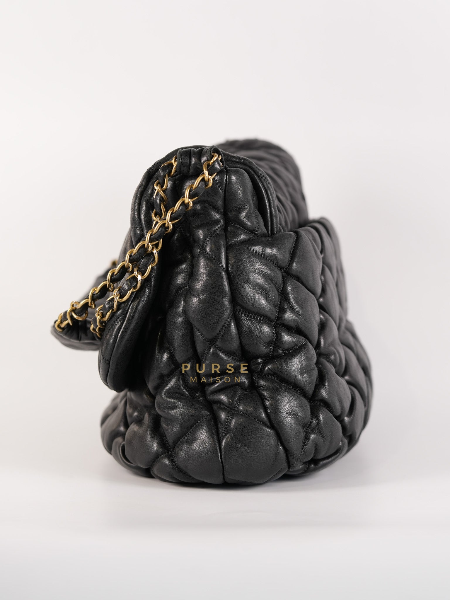 Bubble Hobo Flap Bag in Black Quilted Calfskin Leather Aged Gold Hardware (Series 12) | Purse Maison Luxury Bags Shop