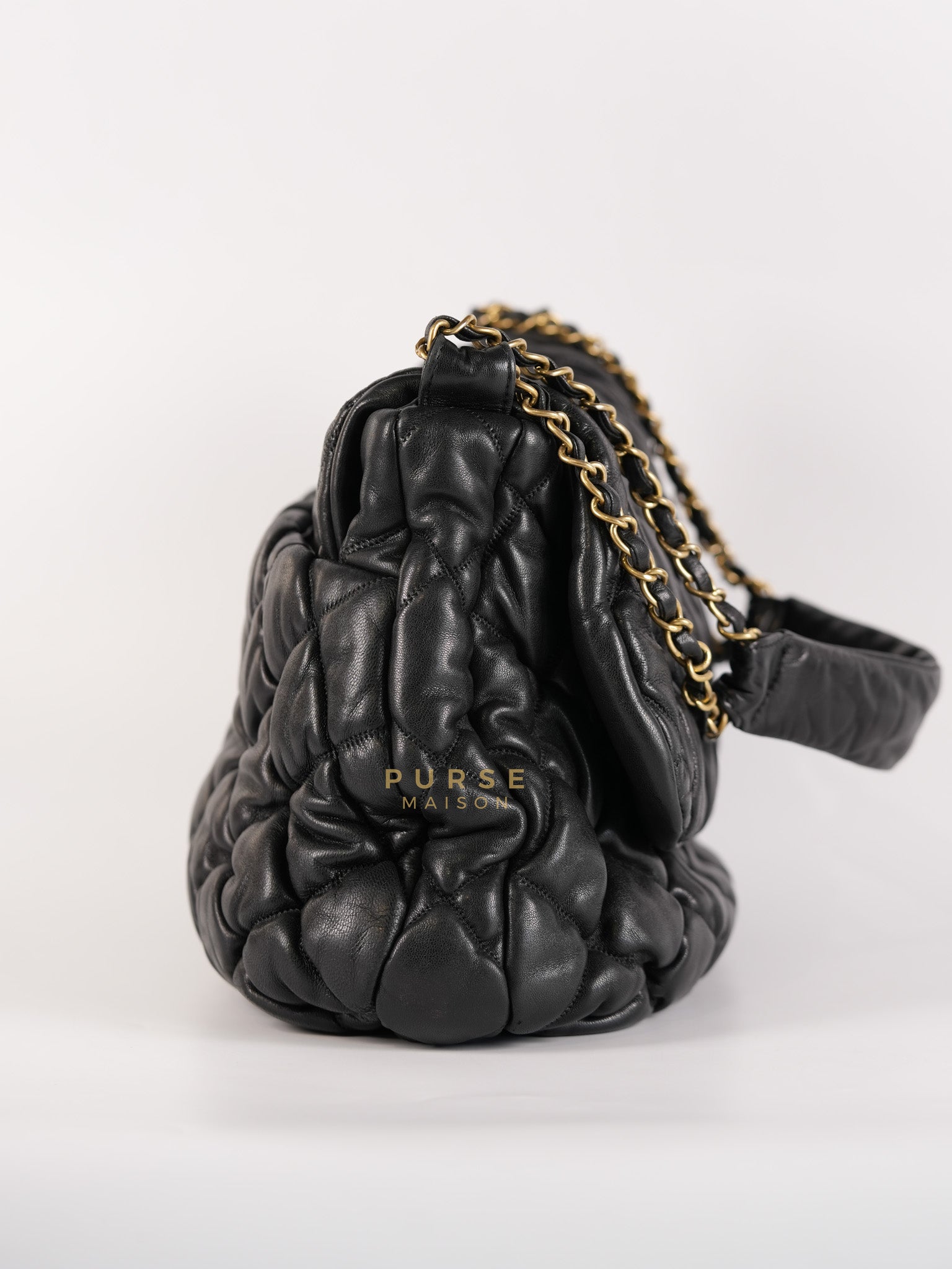 Bubble Hobo Flap Bag in Black Quilted Calfskin Leather Aged Gold Hardware (Series 12) | Purse Maison Luxury Bags Shop