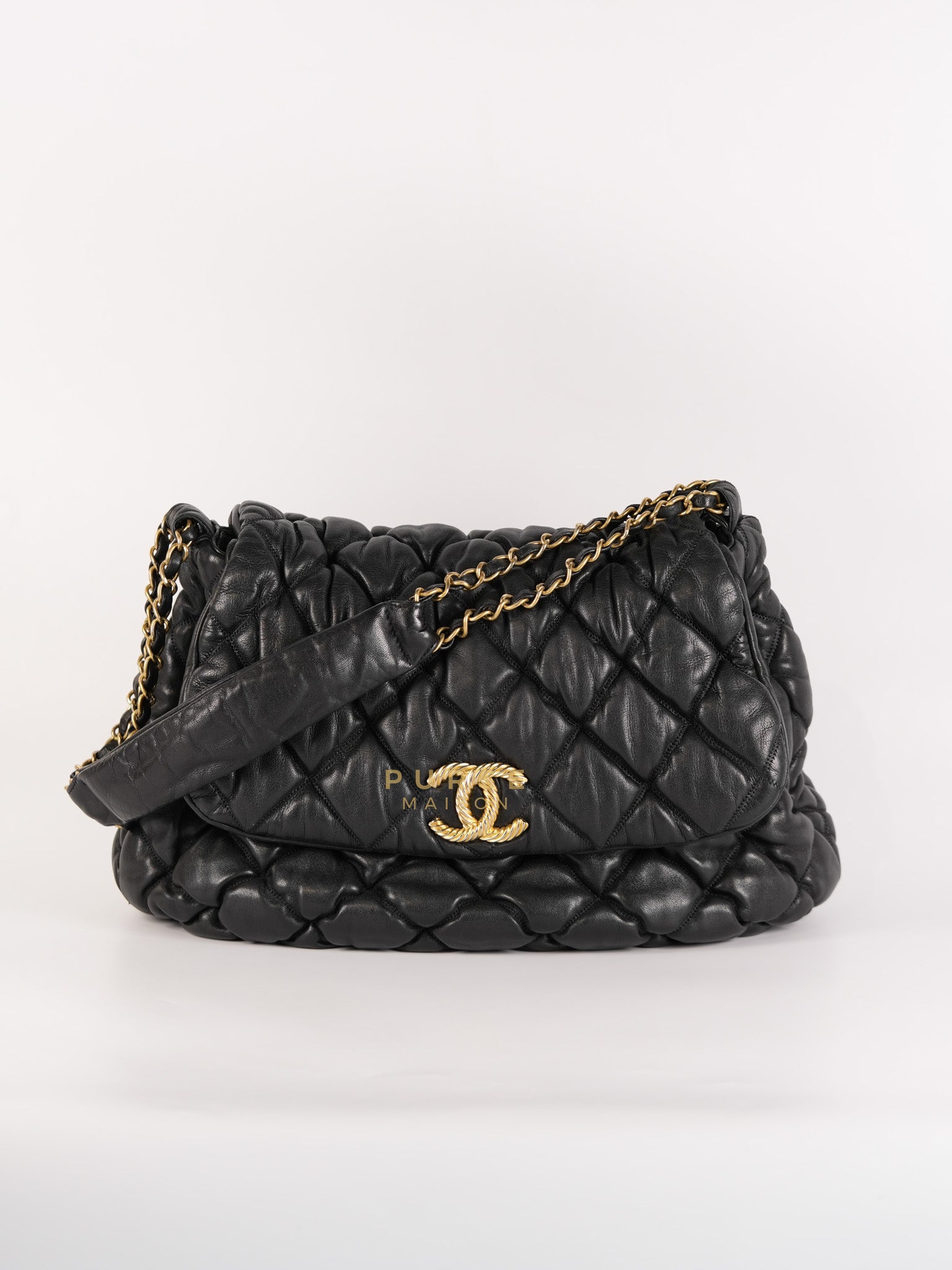 Bubble Hobo Flap Bag in Black Quilted Calfskin Leather Aged Gold Hardware (Series 12) | Purse Maison Luxury Bags Shop